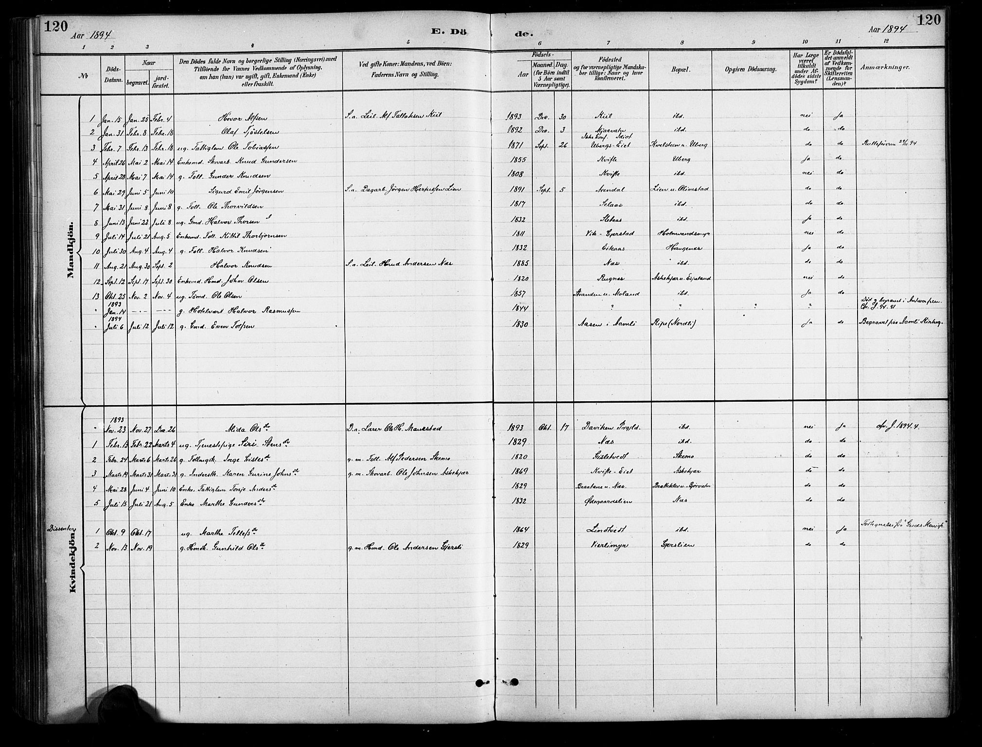 Gjerstad sokneprestkontor, AV/SAK-1111-0014/F/Fa/Fab/L0005: Parish register (official) no. A 5, 1891-1908, p. 120