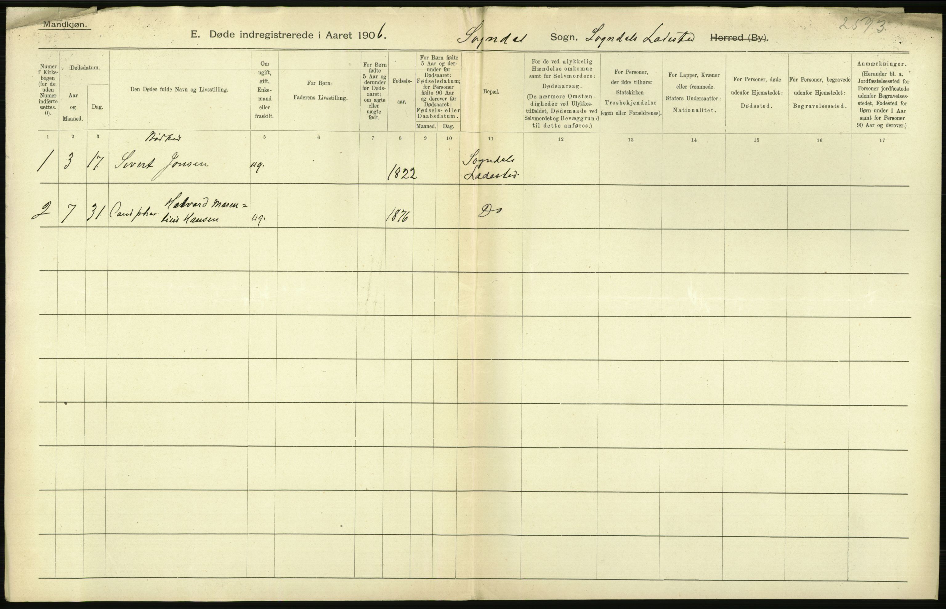 Statistisk sentralbyrå, Sosiodemografiske emner, Befolkning, RA/S-2228/D/Df/Dfa/Dfad/L0027: Stavanger amt: Døde, dødfødte. bygder og byer., 1906, p. 320