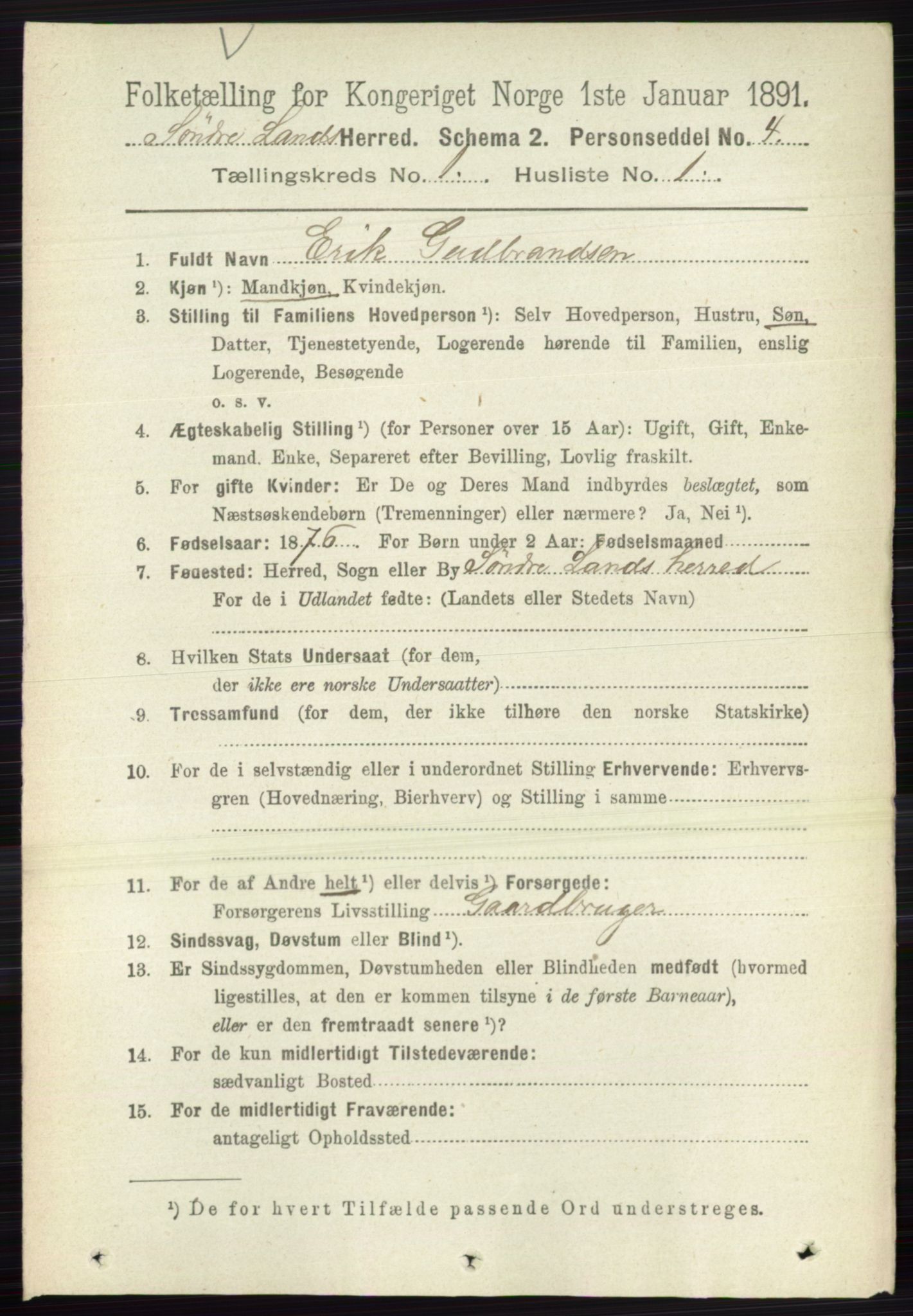 RA, 1891 census for 0536 Søndre Land, 1891, p. 135