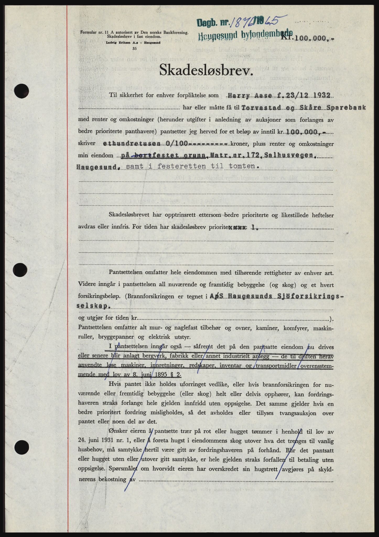 Haugesund tingrett, SAST/A-101415/01/II/IIC/L0053: Mortgage book no. B 53, 1965-1965, Diary no: : 1876/1965