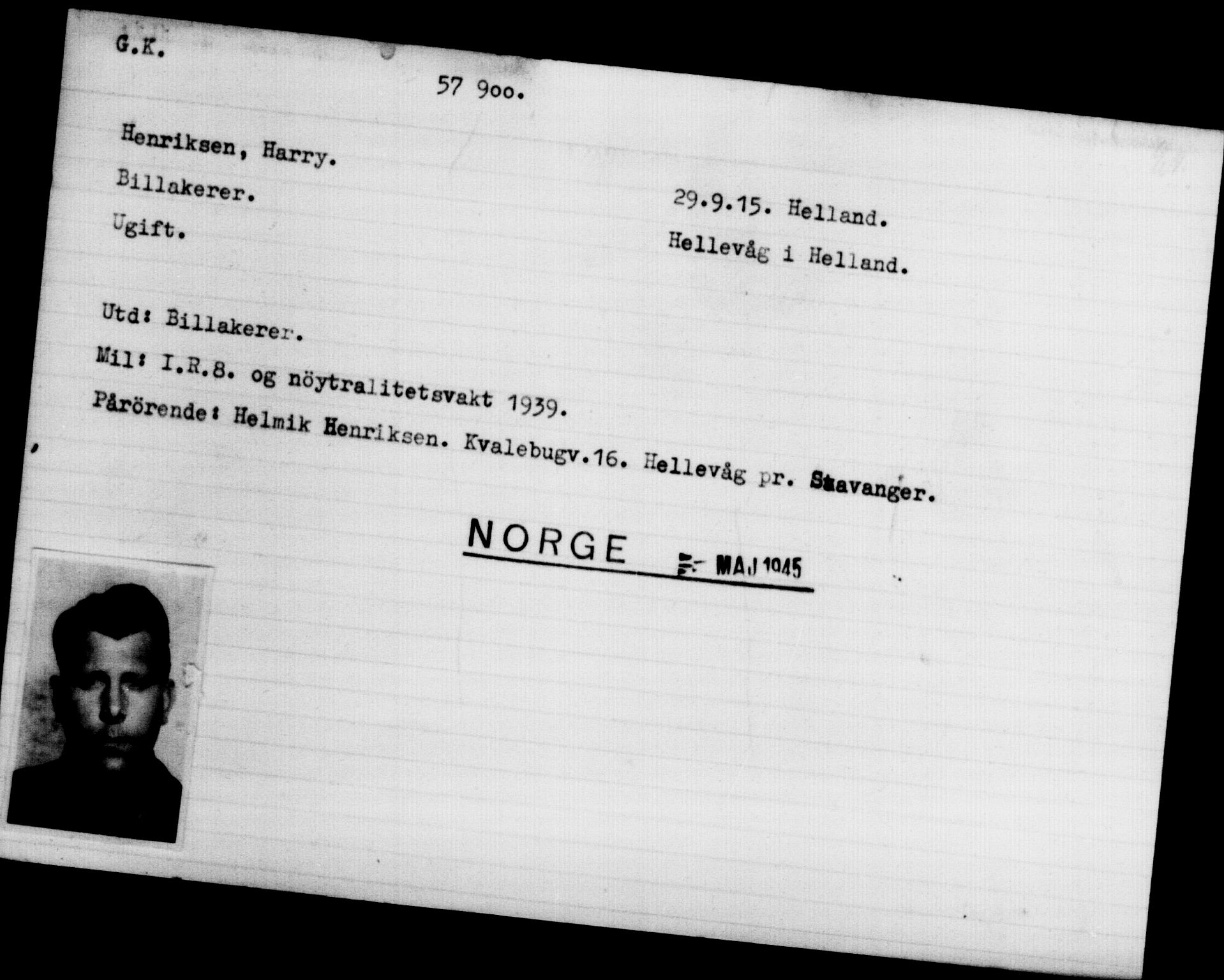 Utenriksstasjonene, Legasjonen i Stockholm, Flyktningkontoret, AV/RA-S-6753/V/Va/L0020: Kjesäterkartoteket, flyktninger med registreringsnr. 55000-58245, 1940-1945, p. 2898