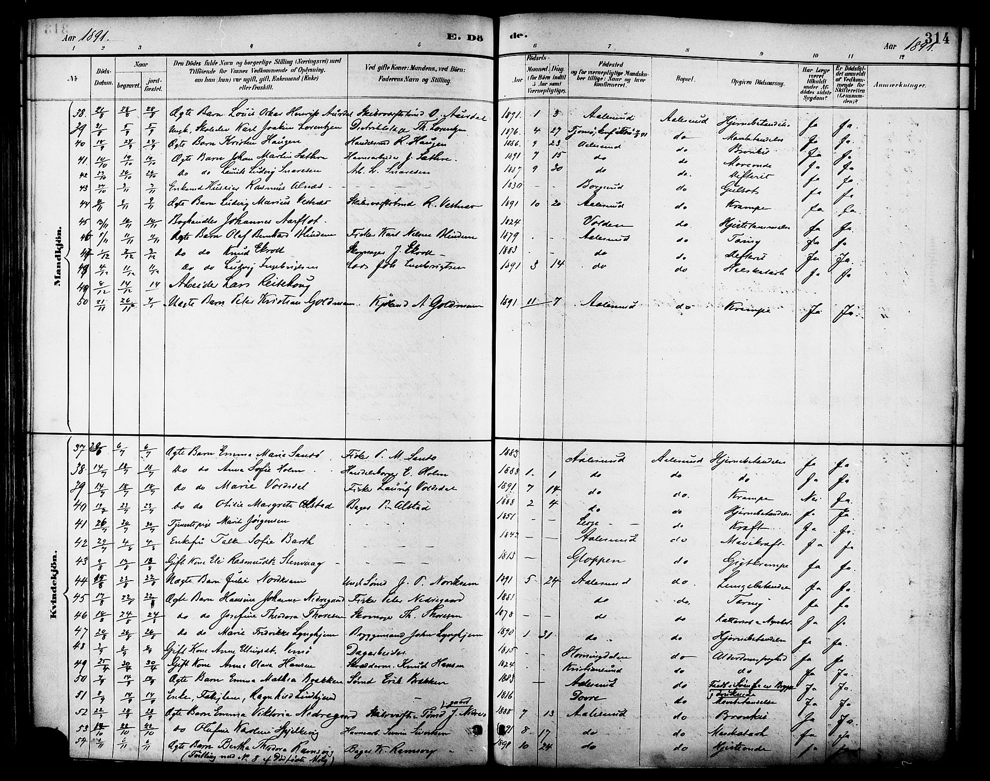 Ministerialprotokoller, klokkerbøker og fødselsregistre - Møre og Romsdal, AV/SAT-A-1454/529/L0455: Parish register (official) no. 529A05, 1885-1893, p. 314