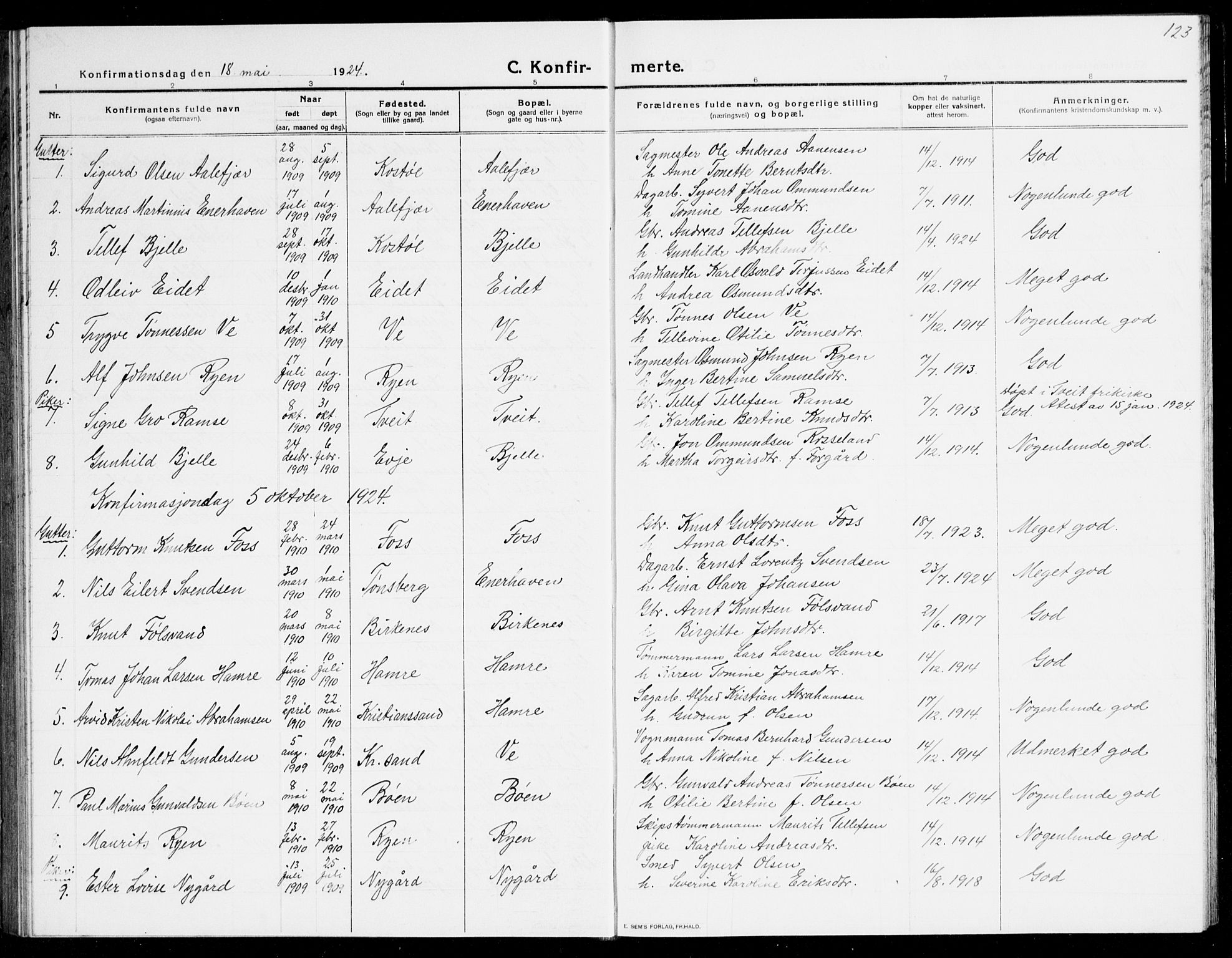 Tveit sokneprestkontor, SAK/1111-0043/F/Fb/L0005: Parish register (copy) no. B 5, 1915-1941, p. 123
