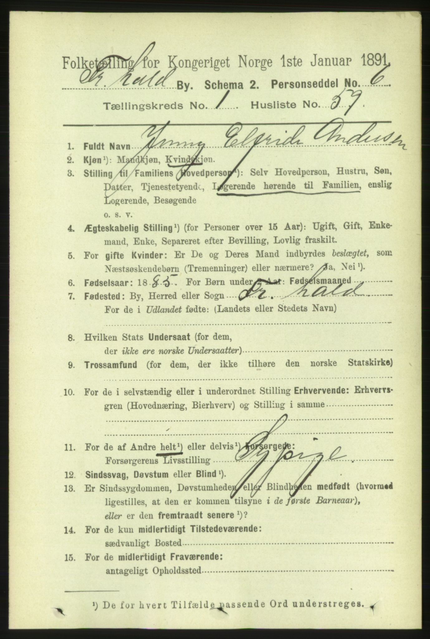 RA, 1891 census for 0101 Fredrikshald, 1891, p. 2491