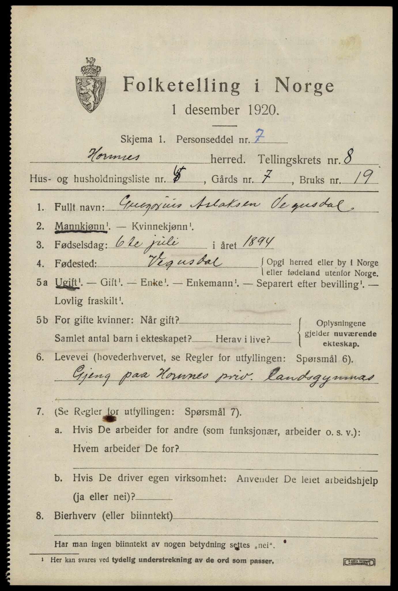 SAK, 1920 census for Hornnes, 1920, p. 1829