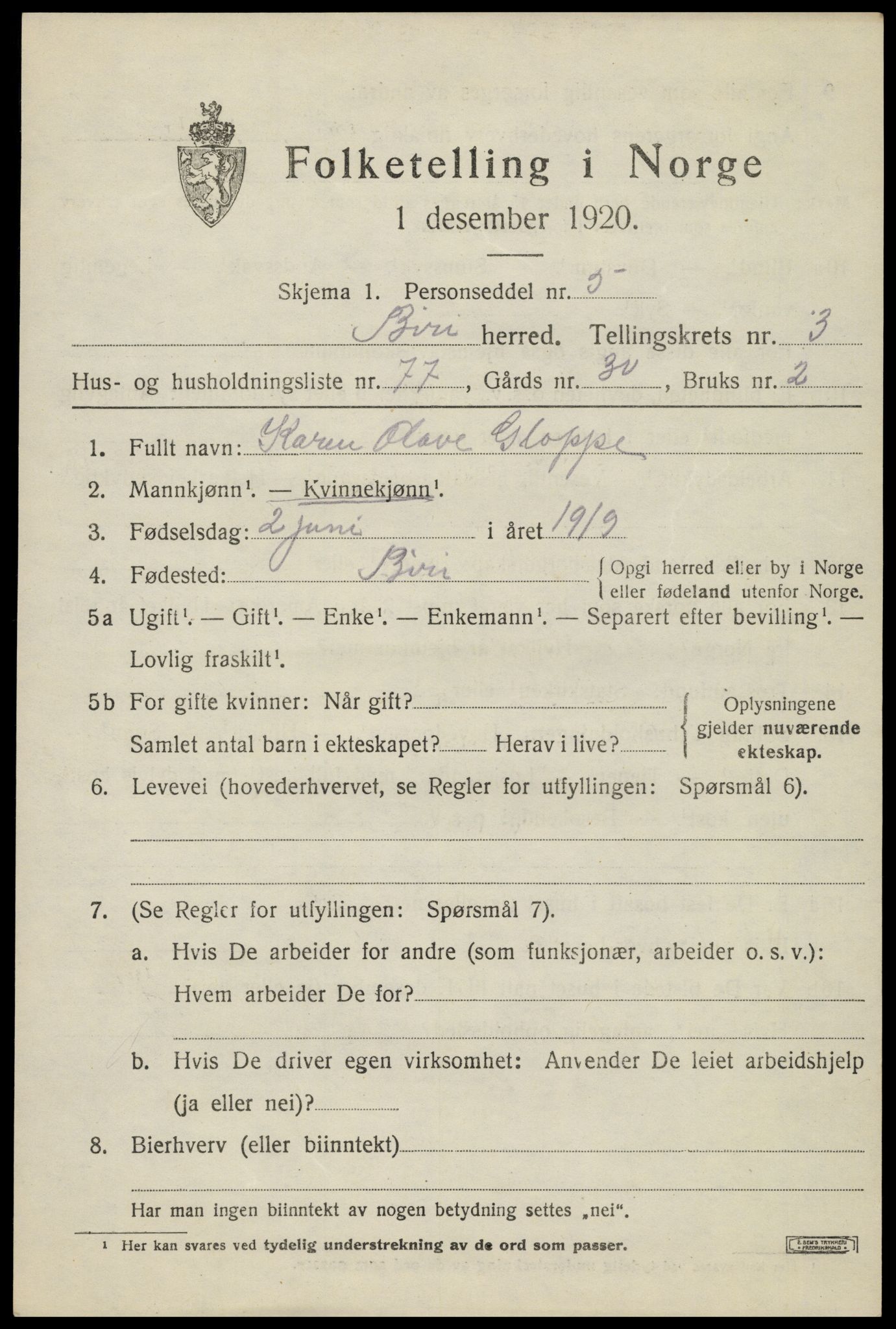 SAH, 1920 census for Biri, 1920, p. 3189