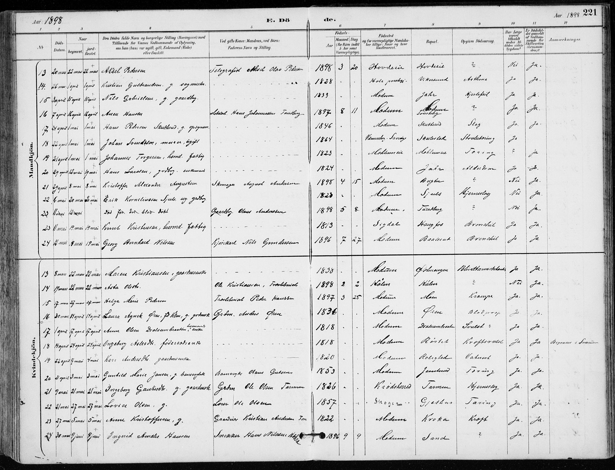 Modum kirkebøker, AV/SAKO-A-234/F/Fa/L0012: Parish register (official) no. 12, 1890-1898, p. 221