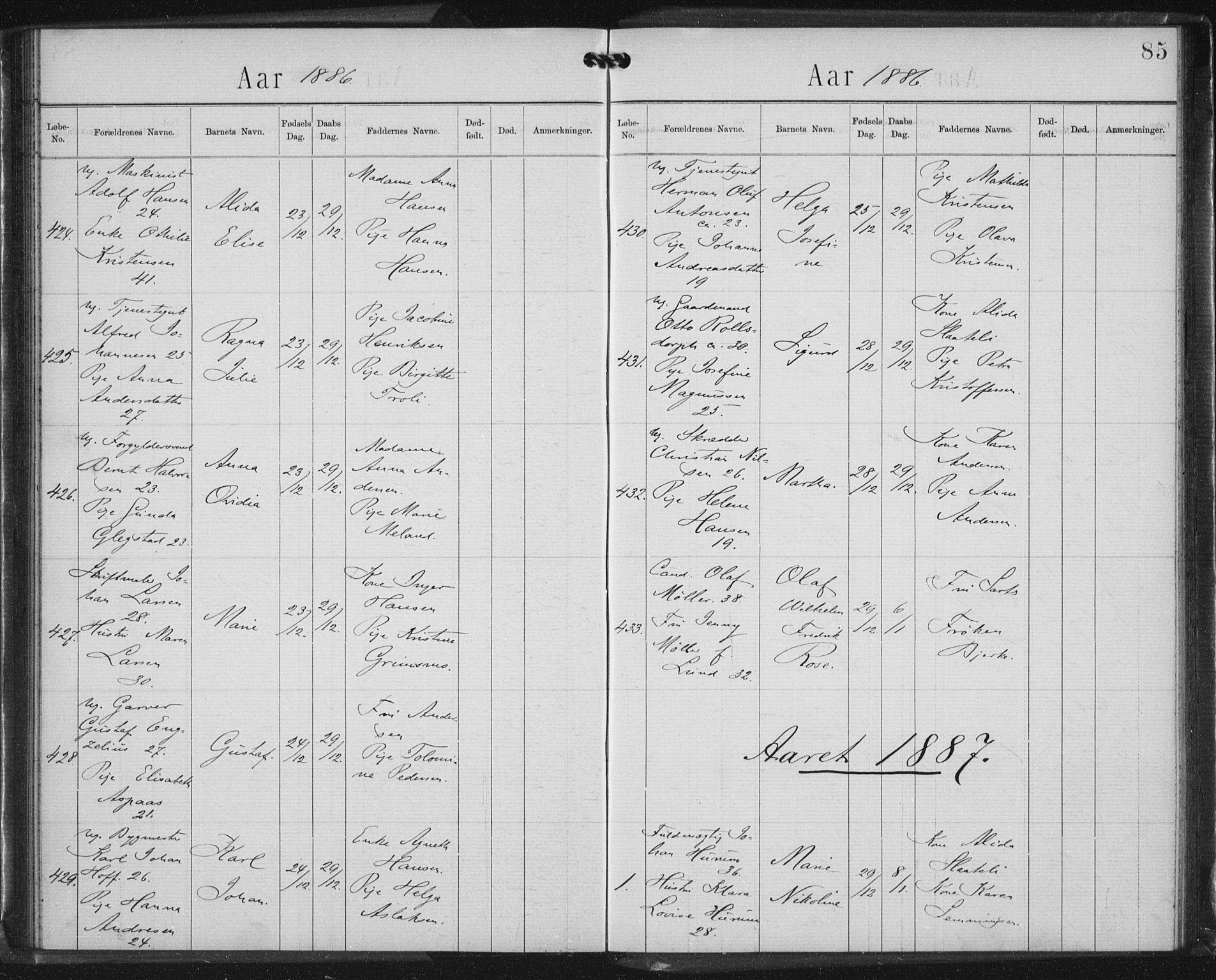 Rikshospitalet prestekontor Kirkebøker, AV/SAO-A-10309b/K/L0003/0002: Baptism register no. 3.2, 1884-1889, p. 85