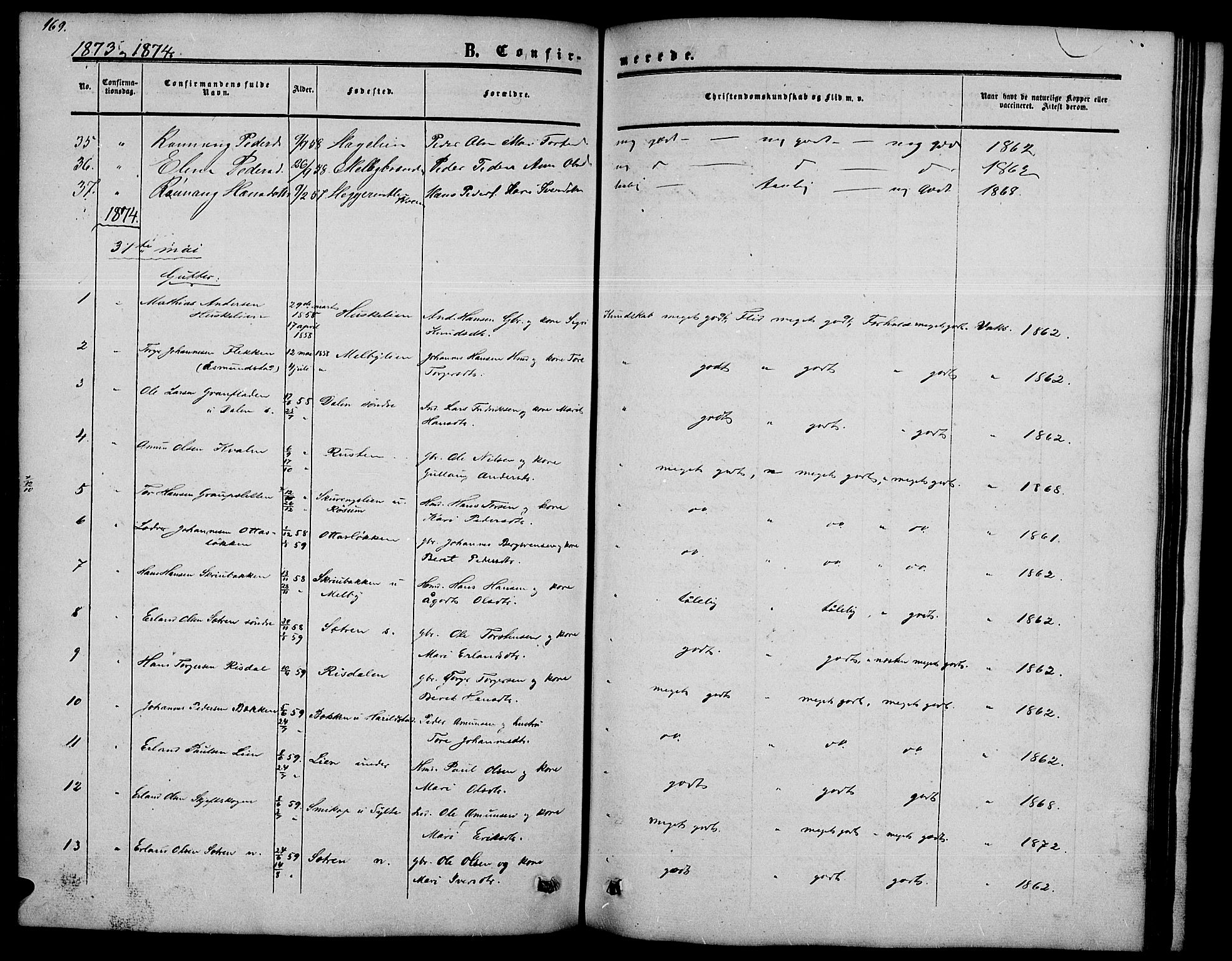 Nord-Fron prestekontor, SAH/PREST-080/H/Ha/Hab/L0002: Parish register (copy) no. 2, 1851-1883, p. 169