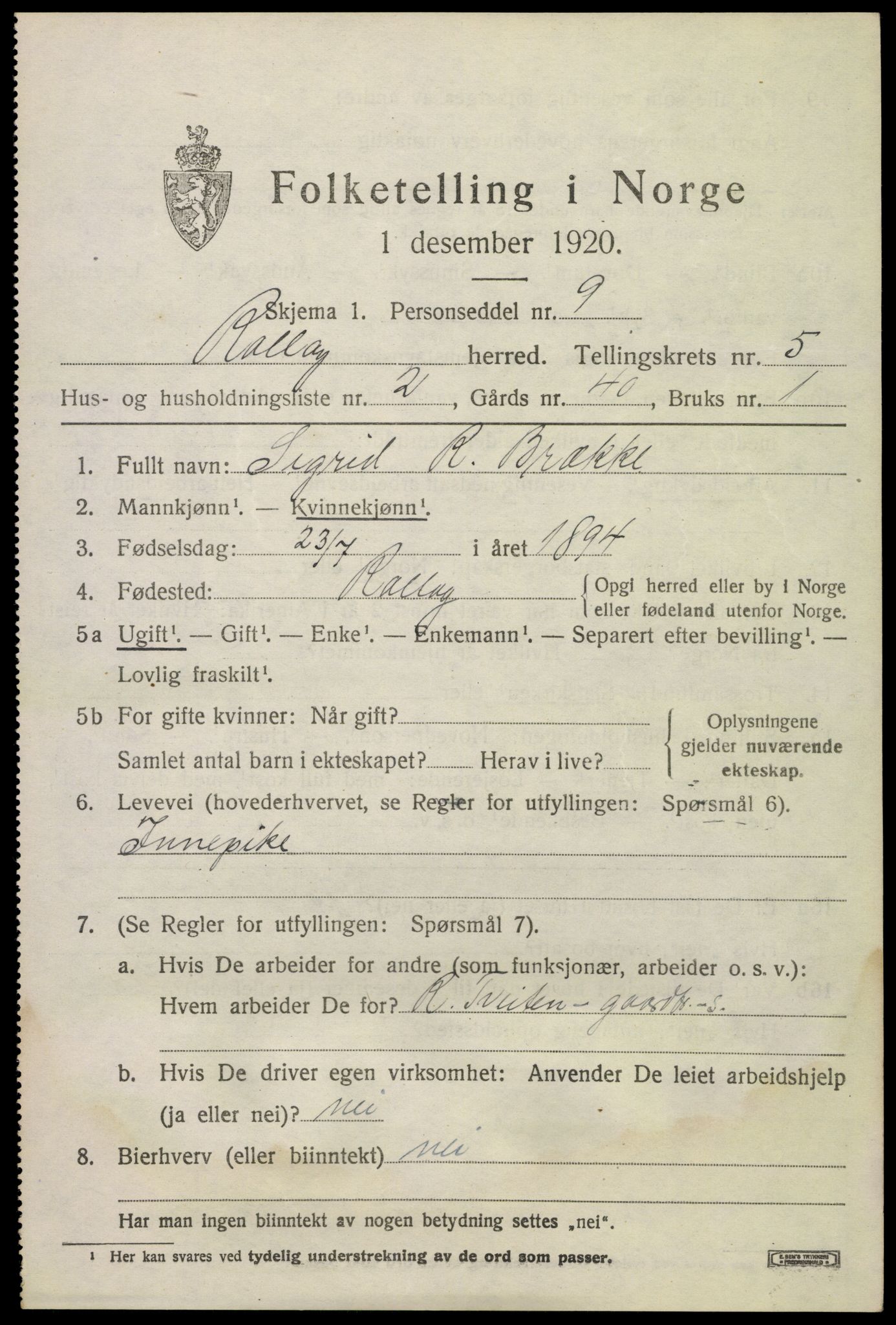 SAKO, 1920 census for Rollag, 1920, p. 2080
