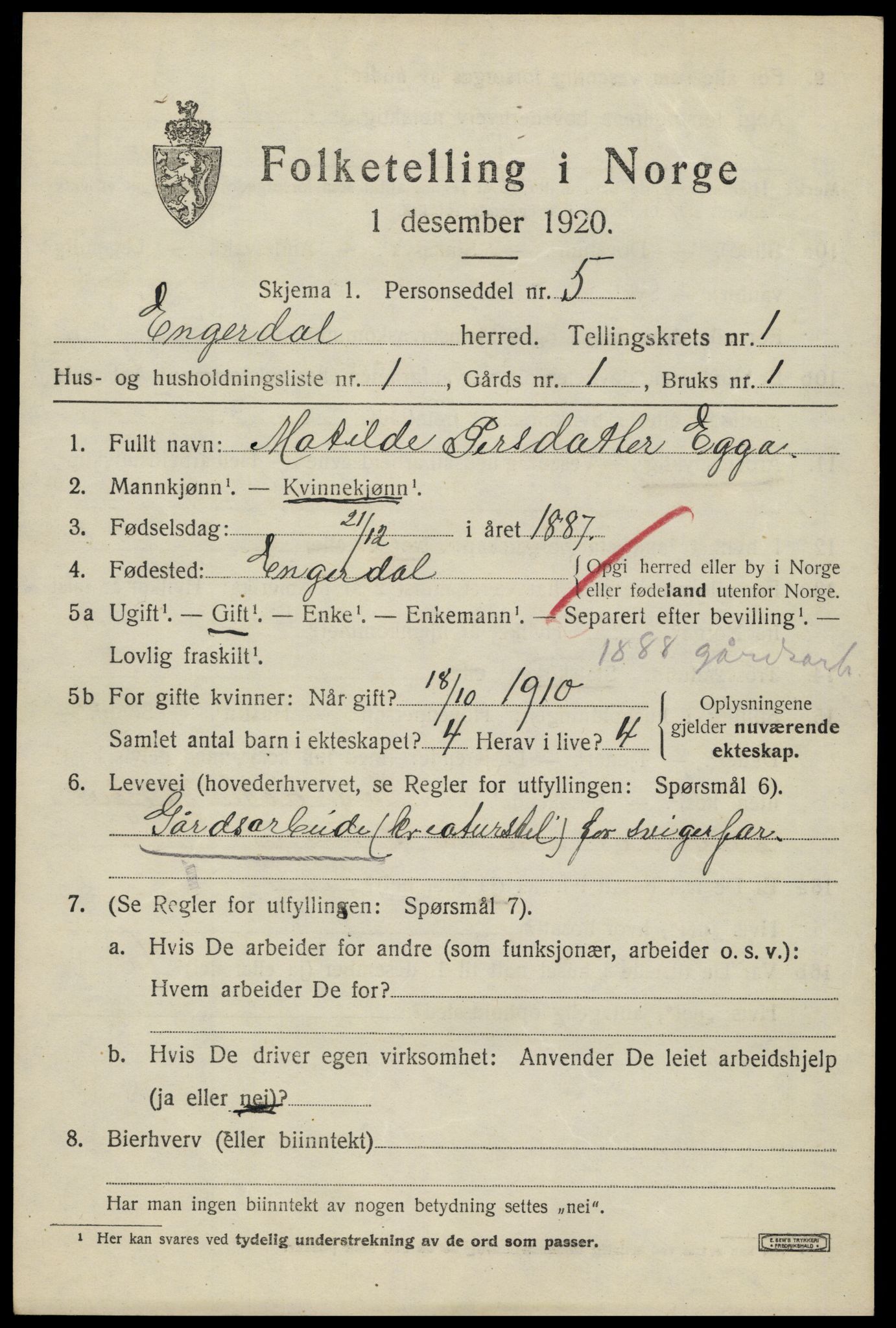 SAH, 1920 census for Engerdal, 1920, p. 489