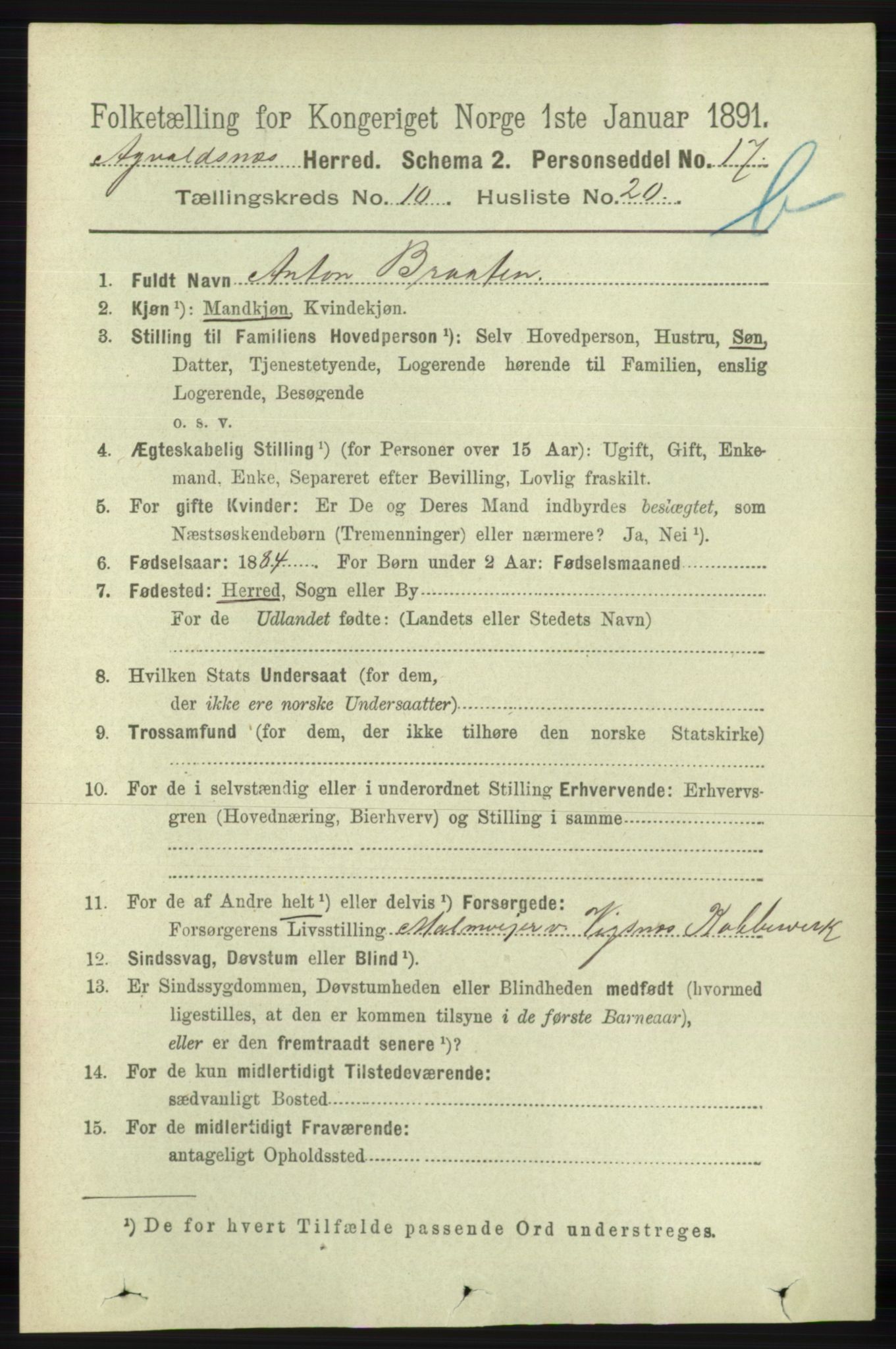 RA, 1891 census for 1147 Avaldsnes, 1891, p. 6037