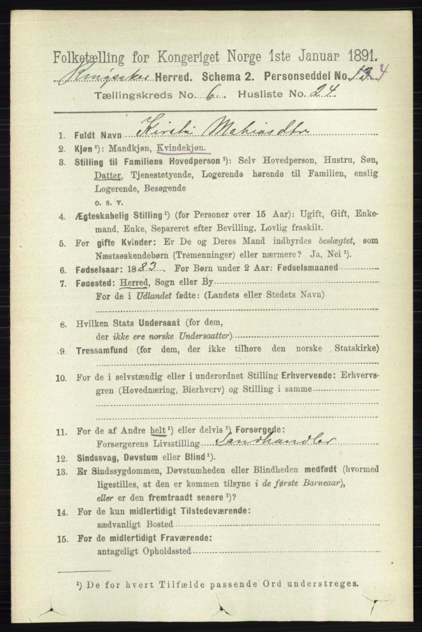 RA, 1891 census for 0412 Ringsaker, 1891, p. 3319