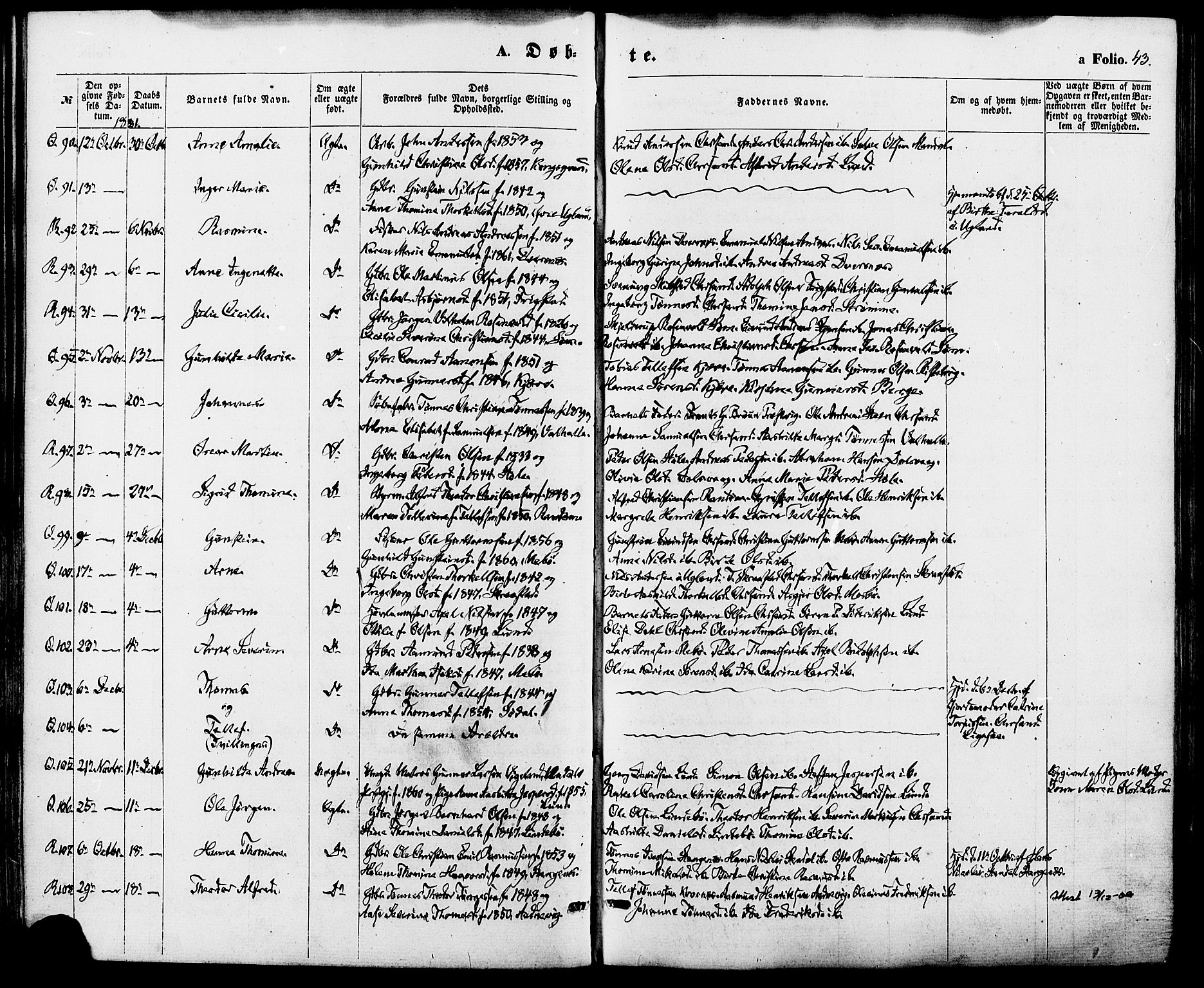 Oddernes sokneprestkontor, SAK/1111-0033/F/Fa/Fab/L0001: Parish register (official) no. A 1, 1865-1884, p. 43