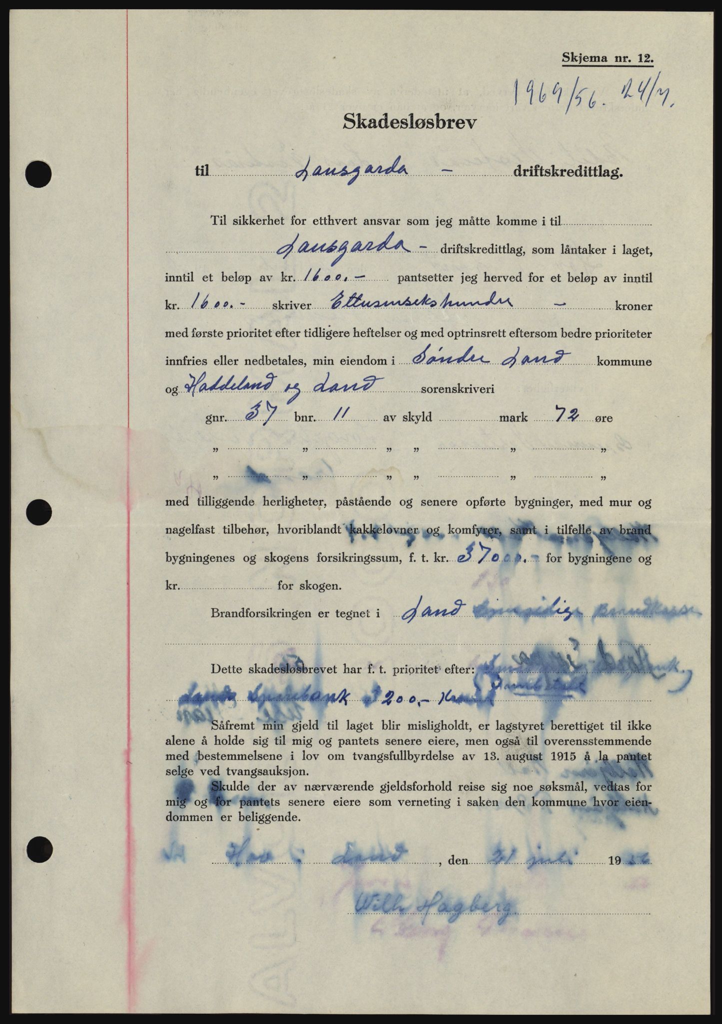 Hadeland og Land tingrett, SAH/TING-010/H/Hb/Hbc/L0034: Mortgage book no. B34, 1956-1956, Diary no: : 1969/1956