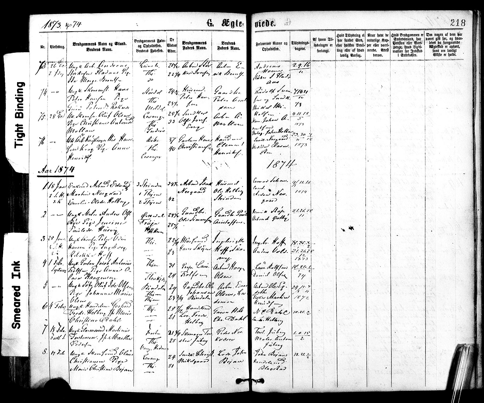 Ministerialprotokoller, klokkerbøker og fødselsregistre - Sør-Trøndelag, SAT/A-1456/602/L0118: Parish register (official) no. 602A16, 1873-1879, p. 218