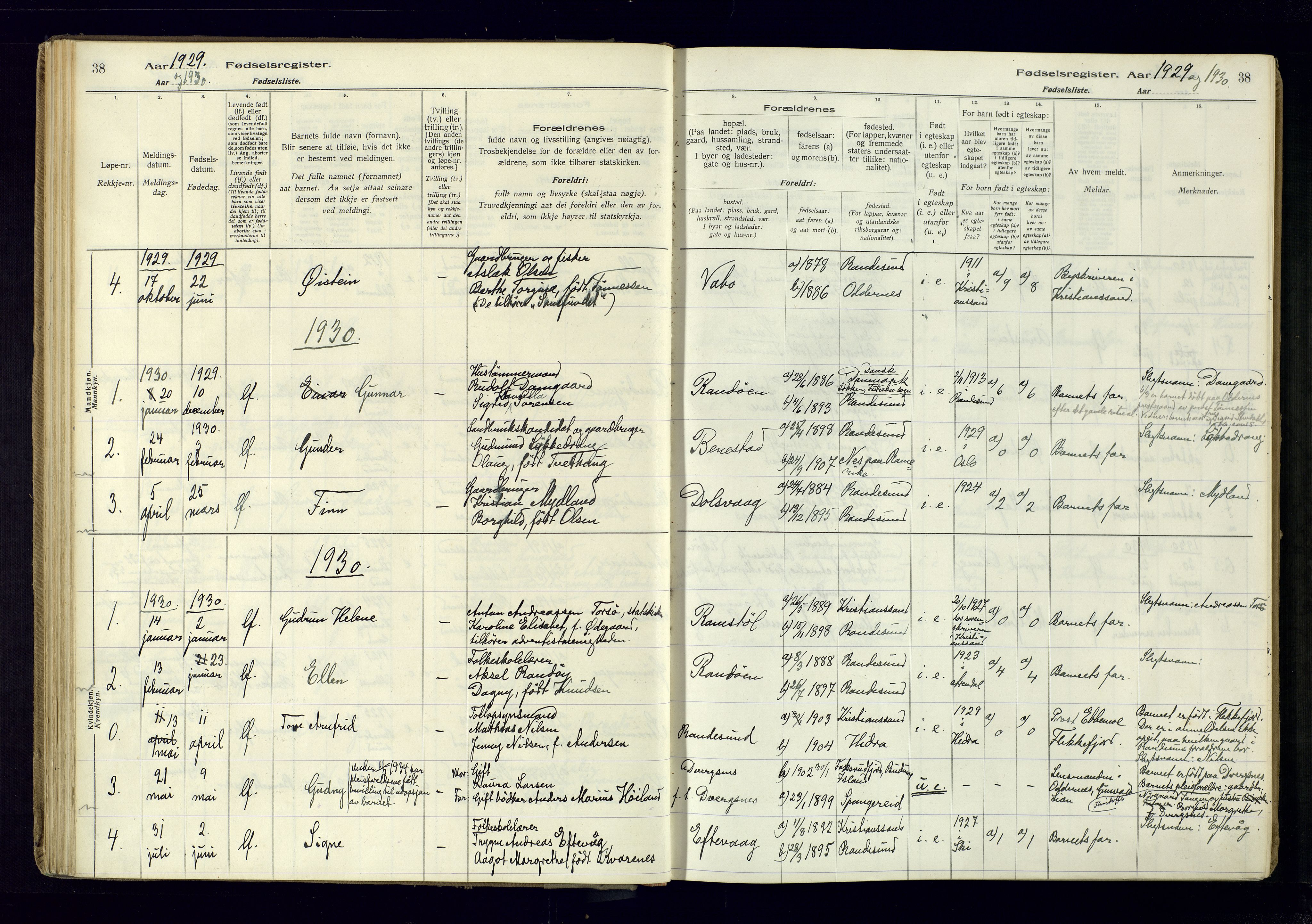 Oddernes sokneprestkontor, AV/SAK-1111-0033/J/Ja/L0007: Birth register no. 7, 1916-1971, p. 38