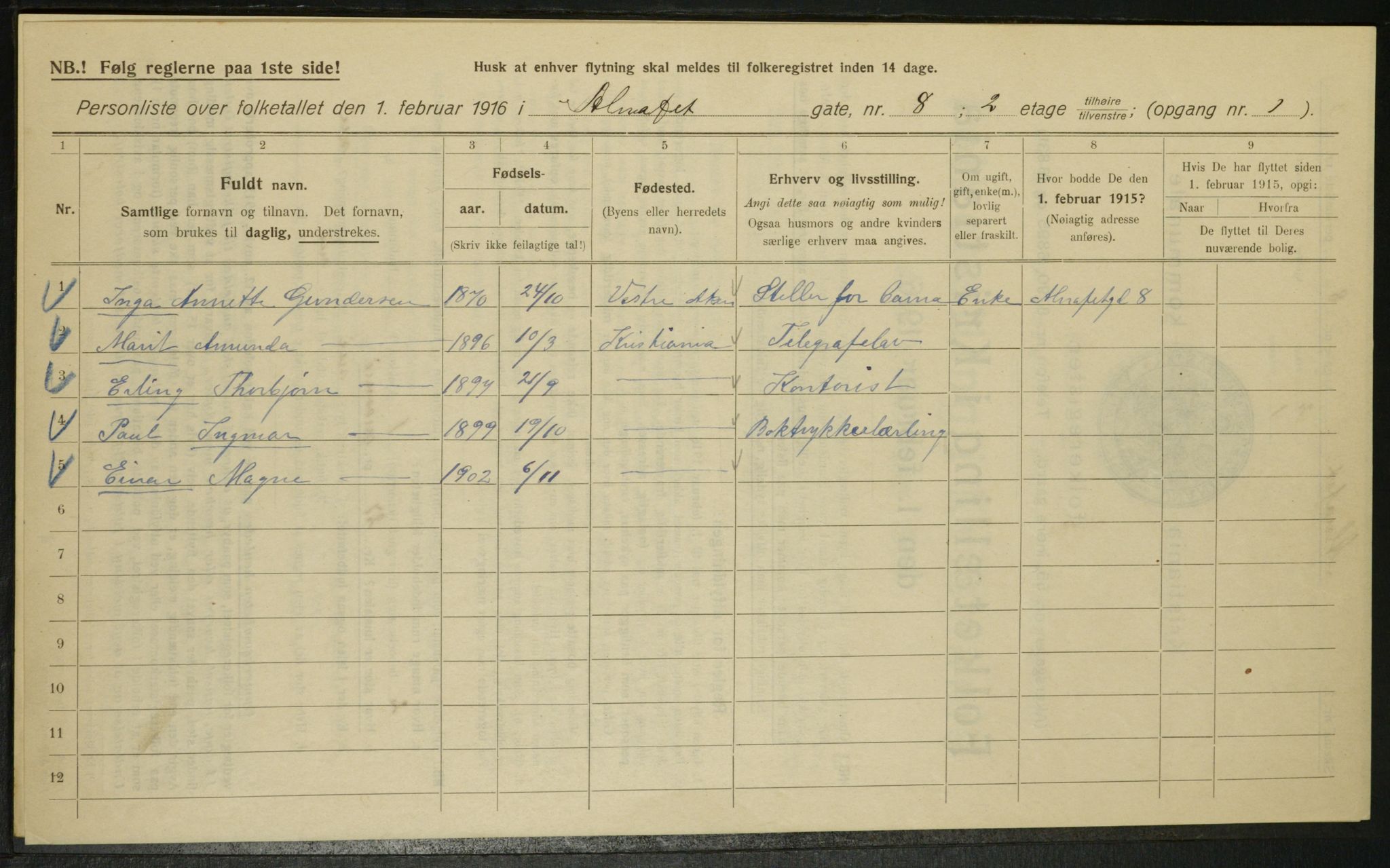 OBA, Municipal Census 1916 for Kristiania, 1916, p. 1116