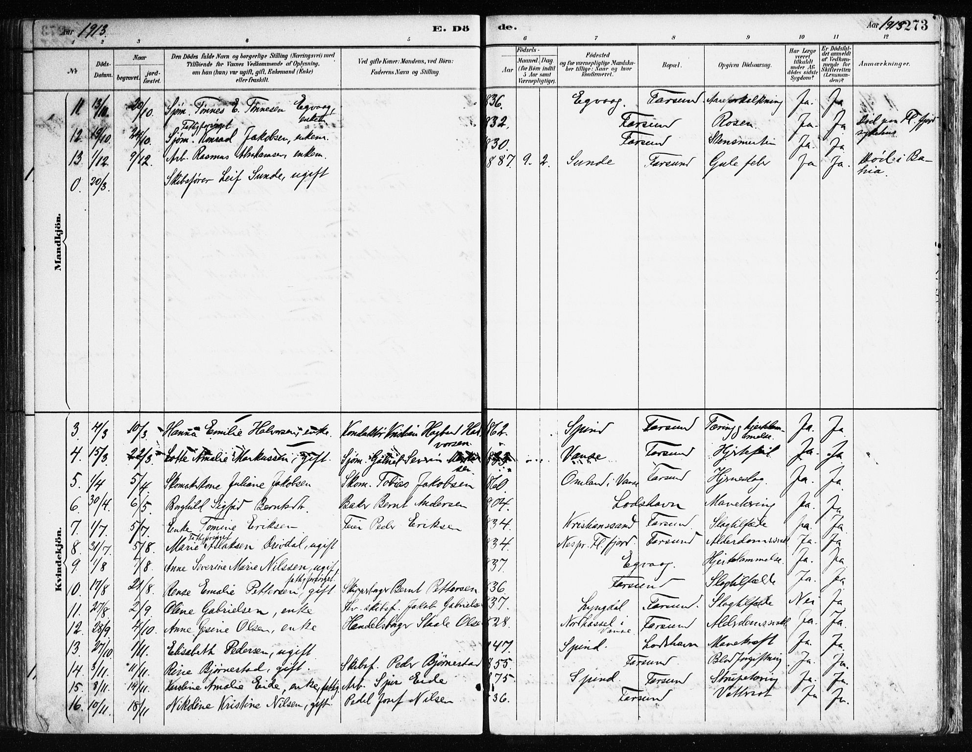 Farsund sokneprestkontor, SAK/1111-0009/F/Fa/L0006: Parish register (official) no. A 6, 1887-1920, p. 273