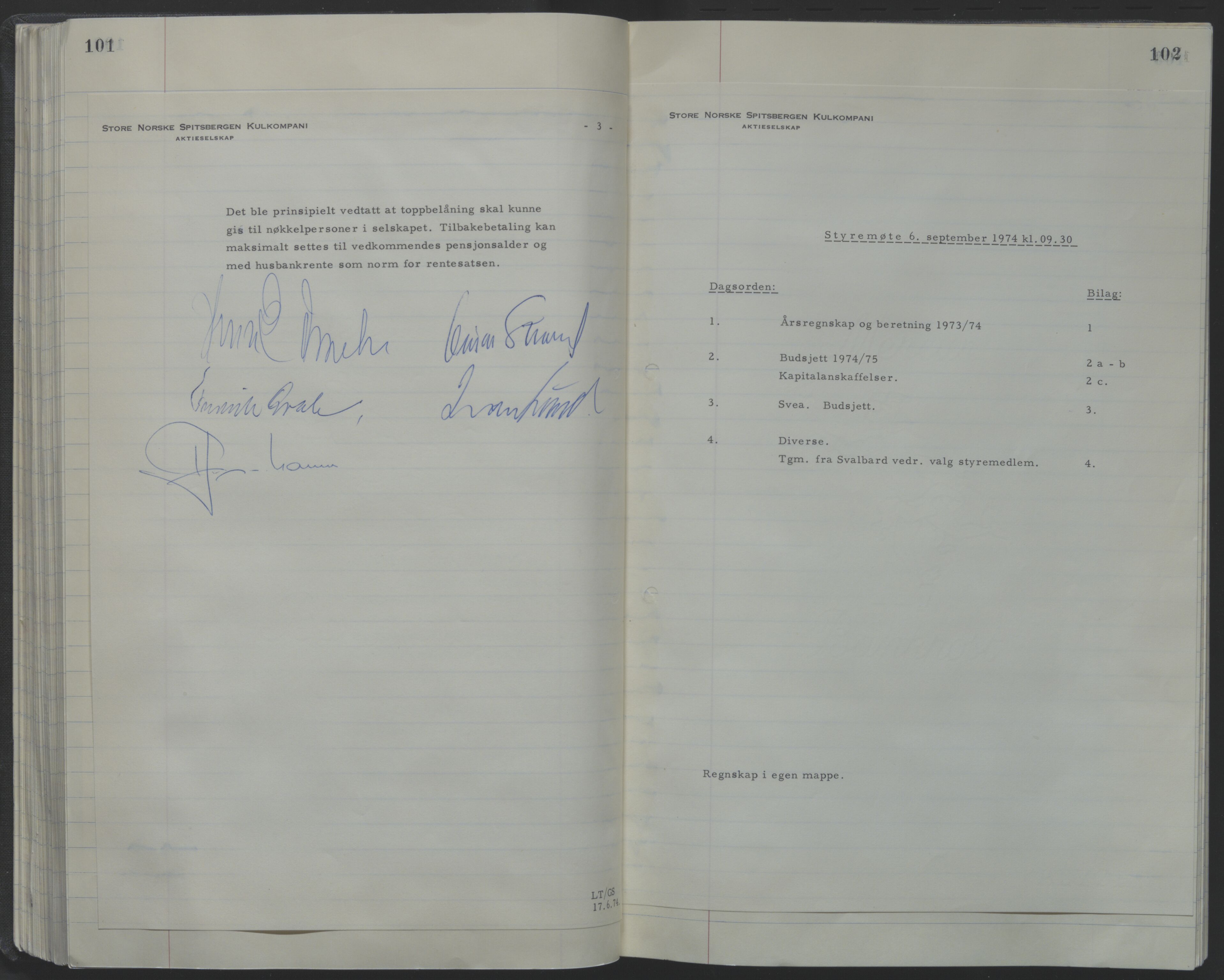 Store Norske Spitsbergen Kulkompani A/S, AV/SATØ-P-0073/09/A/Ab/Aba/L0001: Styreprotokoll 6, 1970-1979, p. 101-102