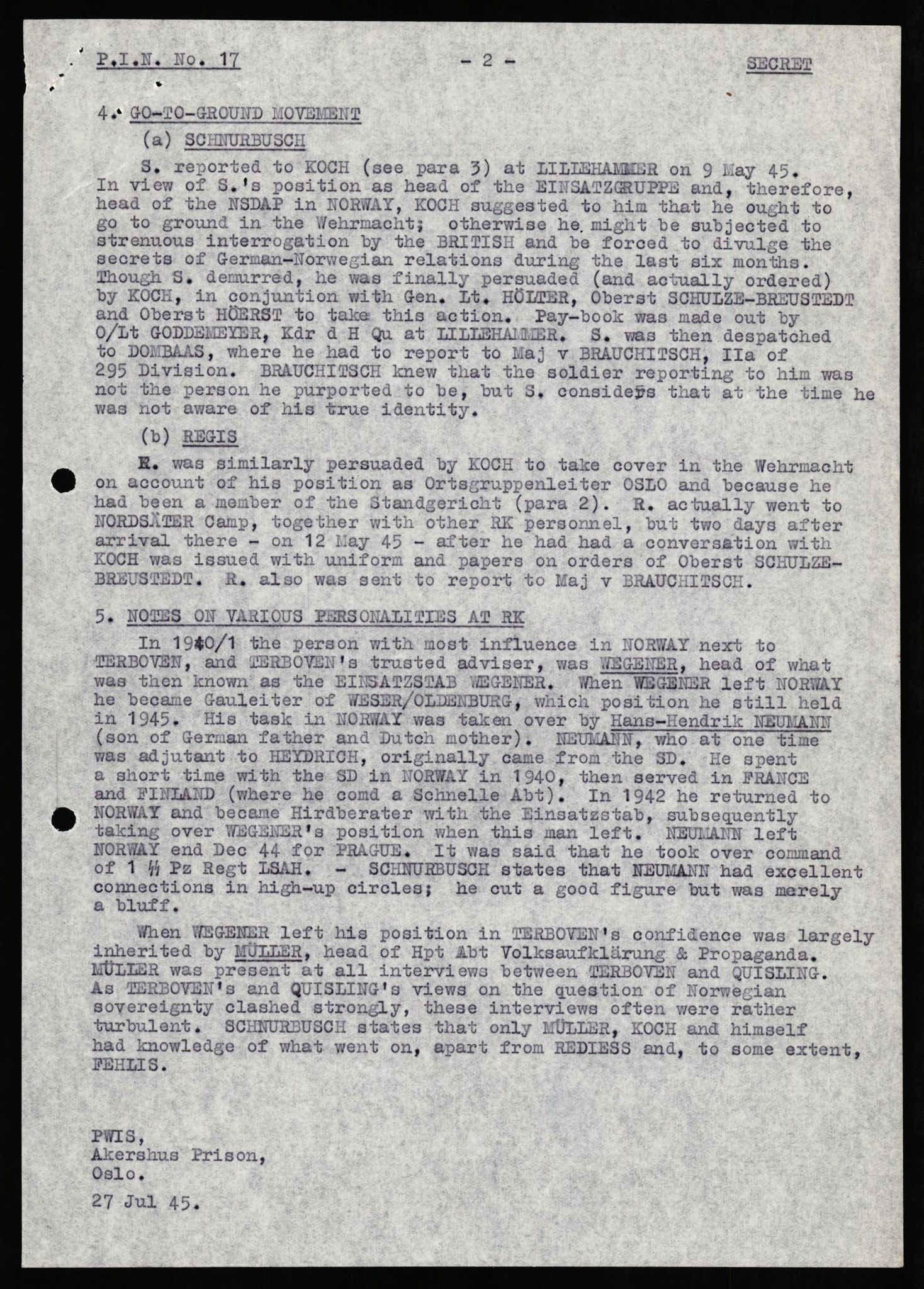 Forsvaret, Forsvarets overkommando II, RA/RAFA-3915/D/Db/L0027: CI Questionaires. Tyske okkupasjonsstyrker i Norge. Tyskere., 1945-1946, p. 97