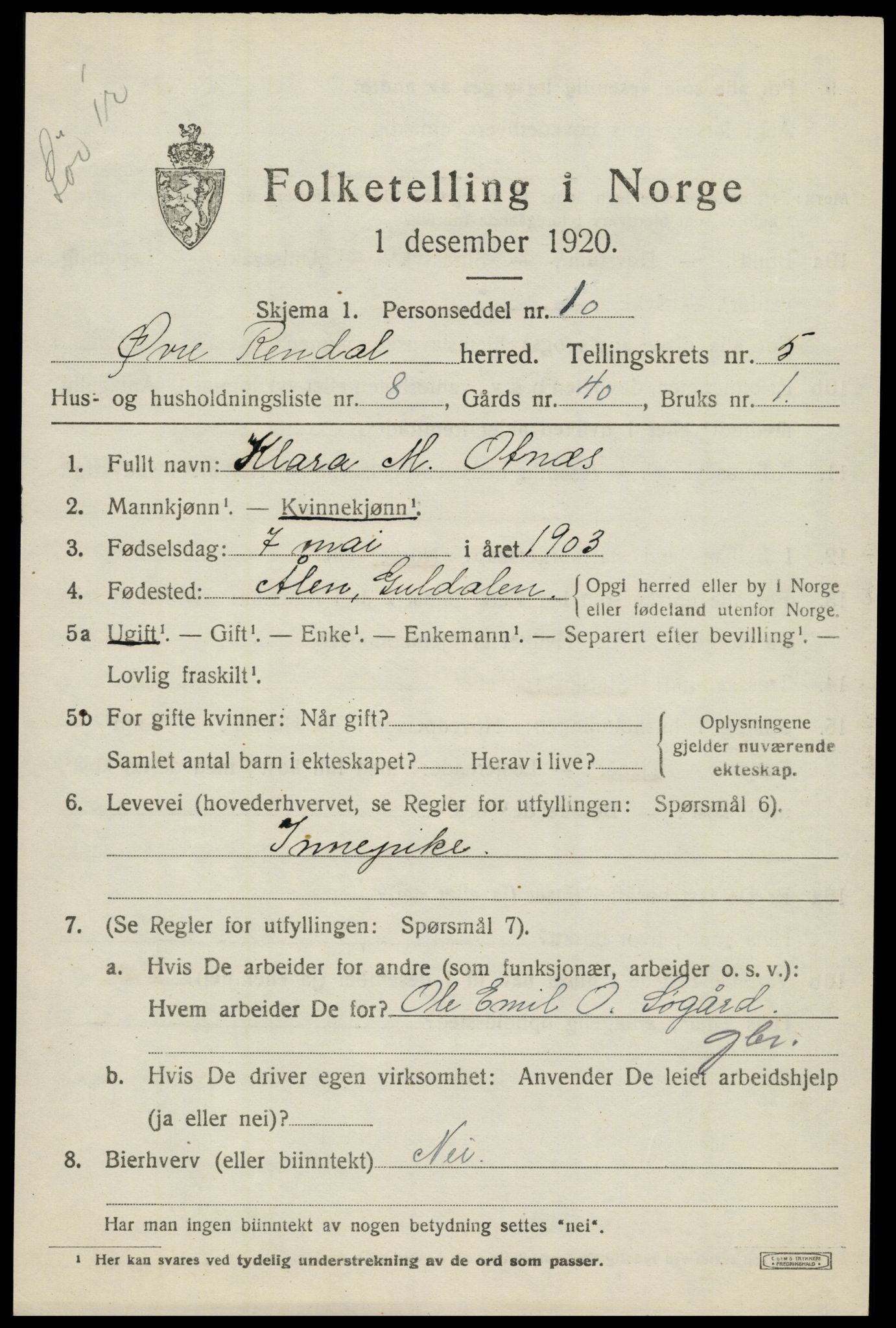 SAH, 1920 census for Øvre Rendal, 1920, p. 2145