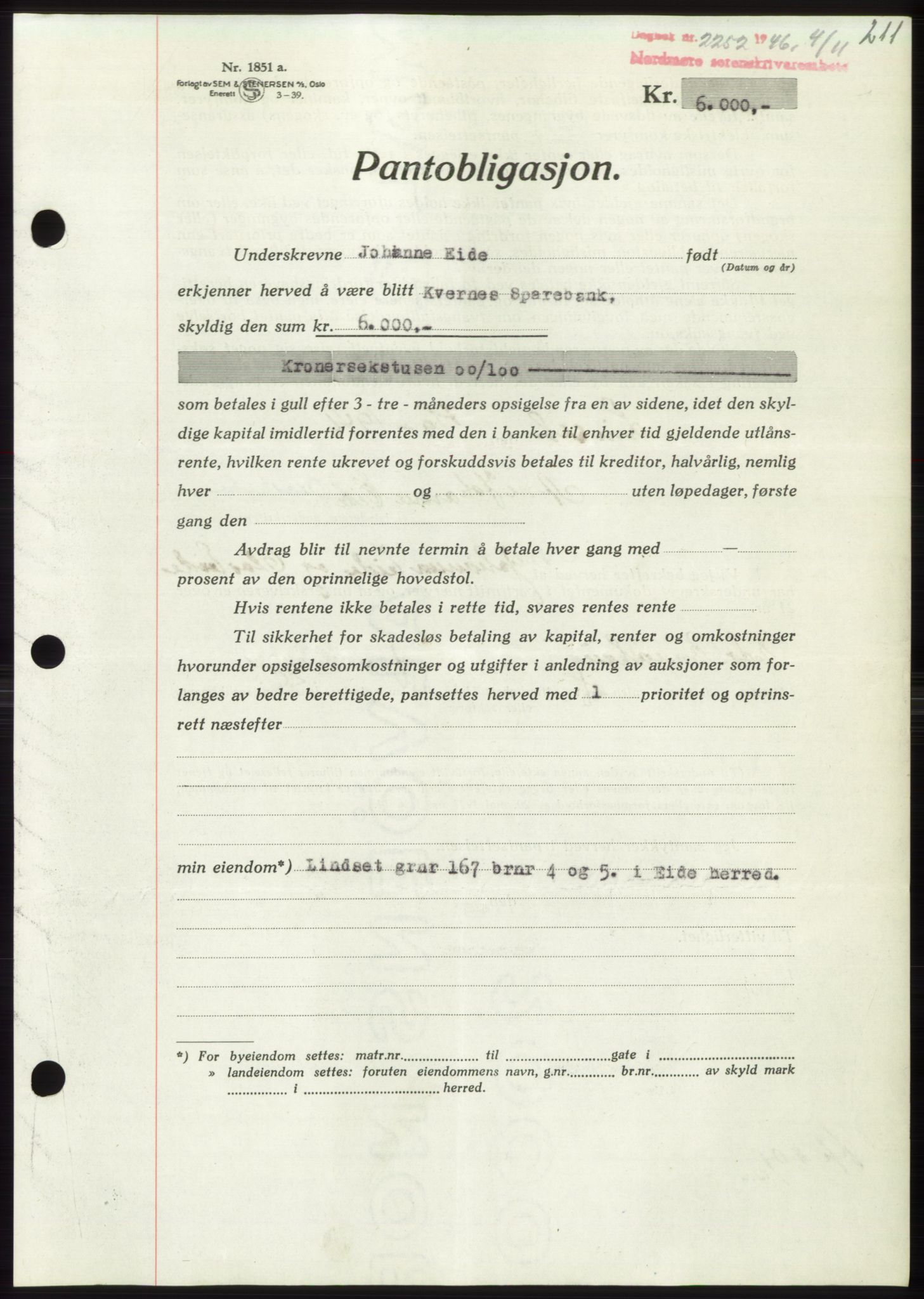 Nordmøre sorenskriveri, AV/SAT-A-4132/1/2/2Ca: Mortgage book no. B95, 1946-1947, Diary no: : 2252/1946