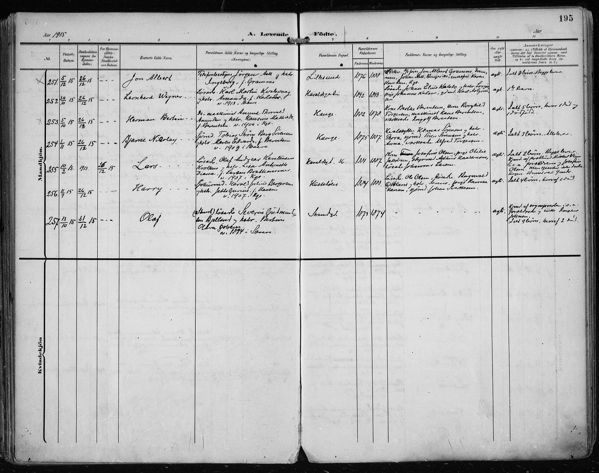 Haugesund sokneprestkontor, AV/SAST-A -101863/H/Ha/Haa/L0008: Parish register (official) no. A 8, 1908-1921, p. 195