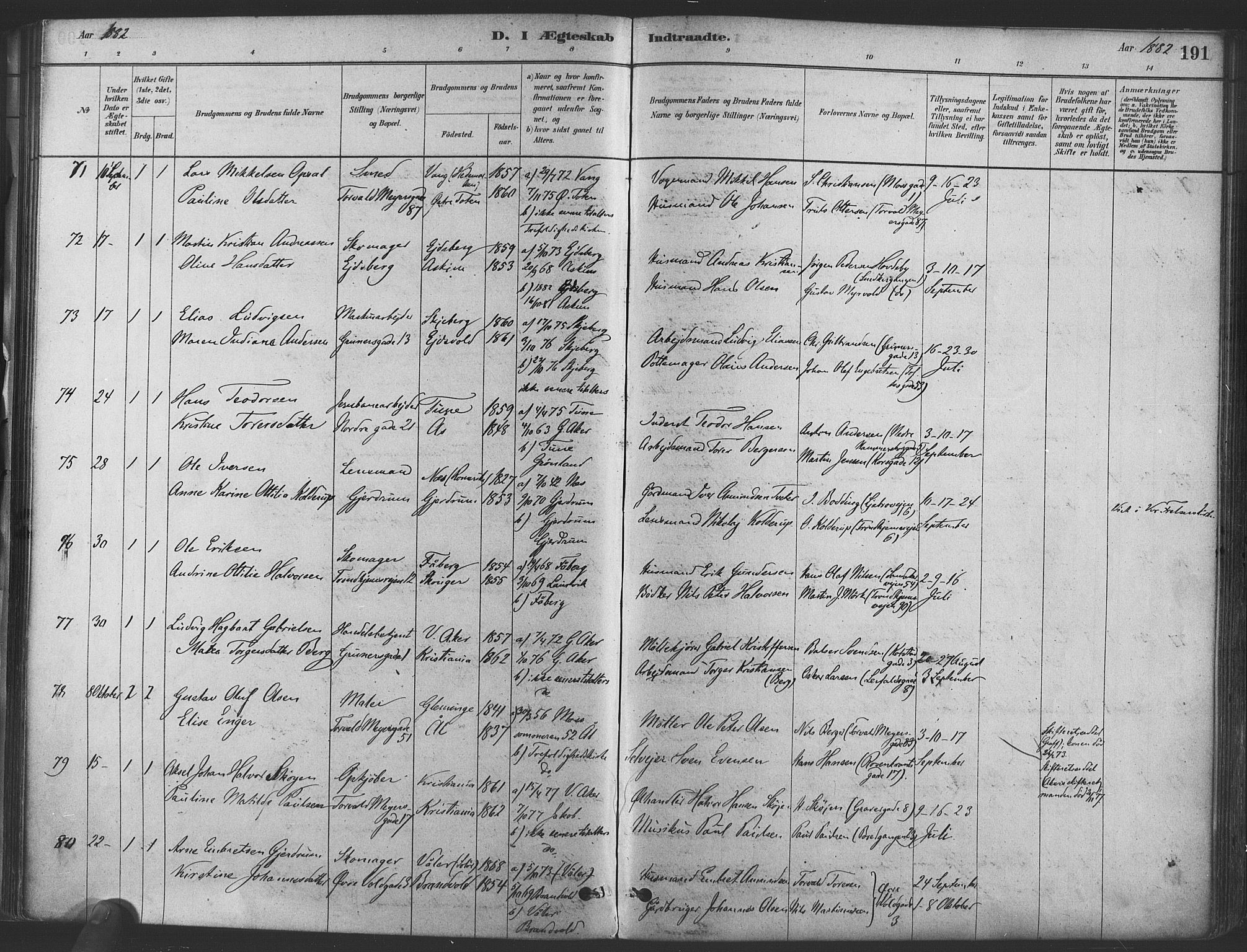 Paulus prestekontor Kirkebøker, SAO/A-10871/F/Fa/L0004: Parish register (official) no. 4, 1879-1891, p. 191