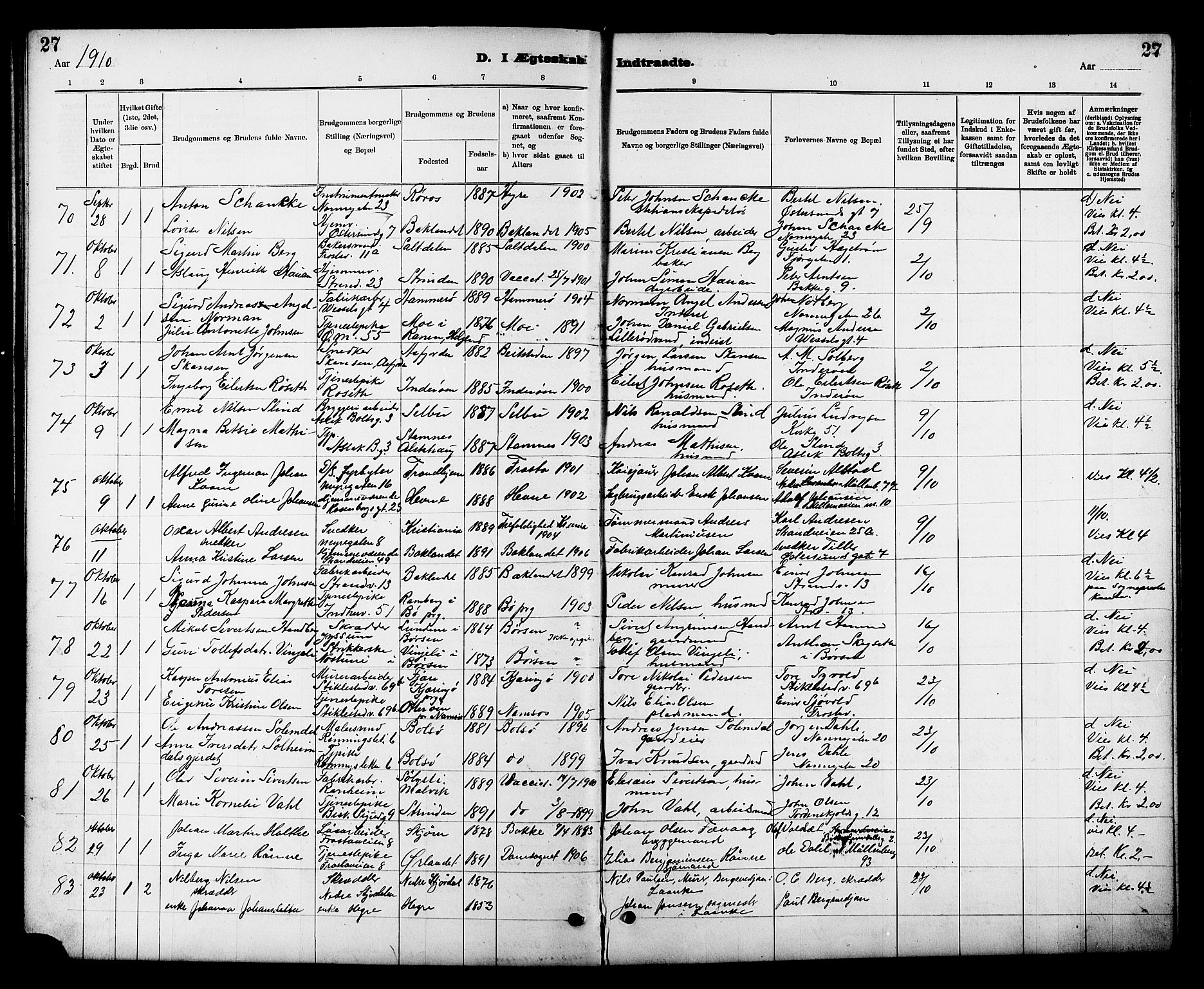 Ministerialprotokoller, klokkerbøker og fødselsregistre - Sør-Trøndelag, AV/SAT-A-1456/605/L0255: Parish register (copy) no. 605C02, 1908-1918, p. 27