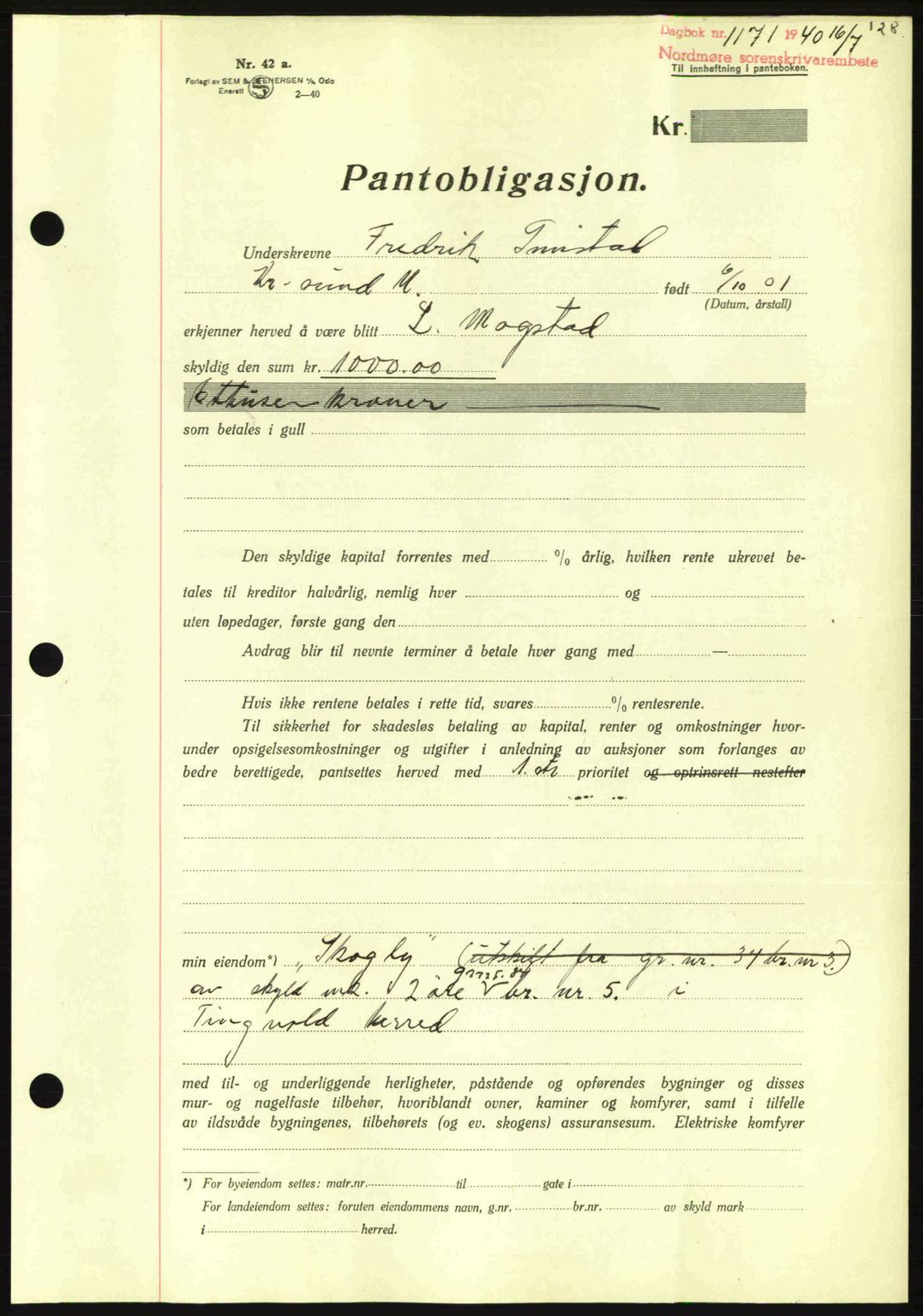 Nordmøre sorenskriveri, AV/SAT-A-4132/1/2/2Ca: Mortgage book no. B87, 1940-1941, Diary no: : 1171/1940