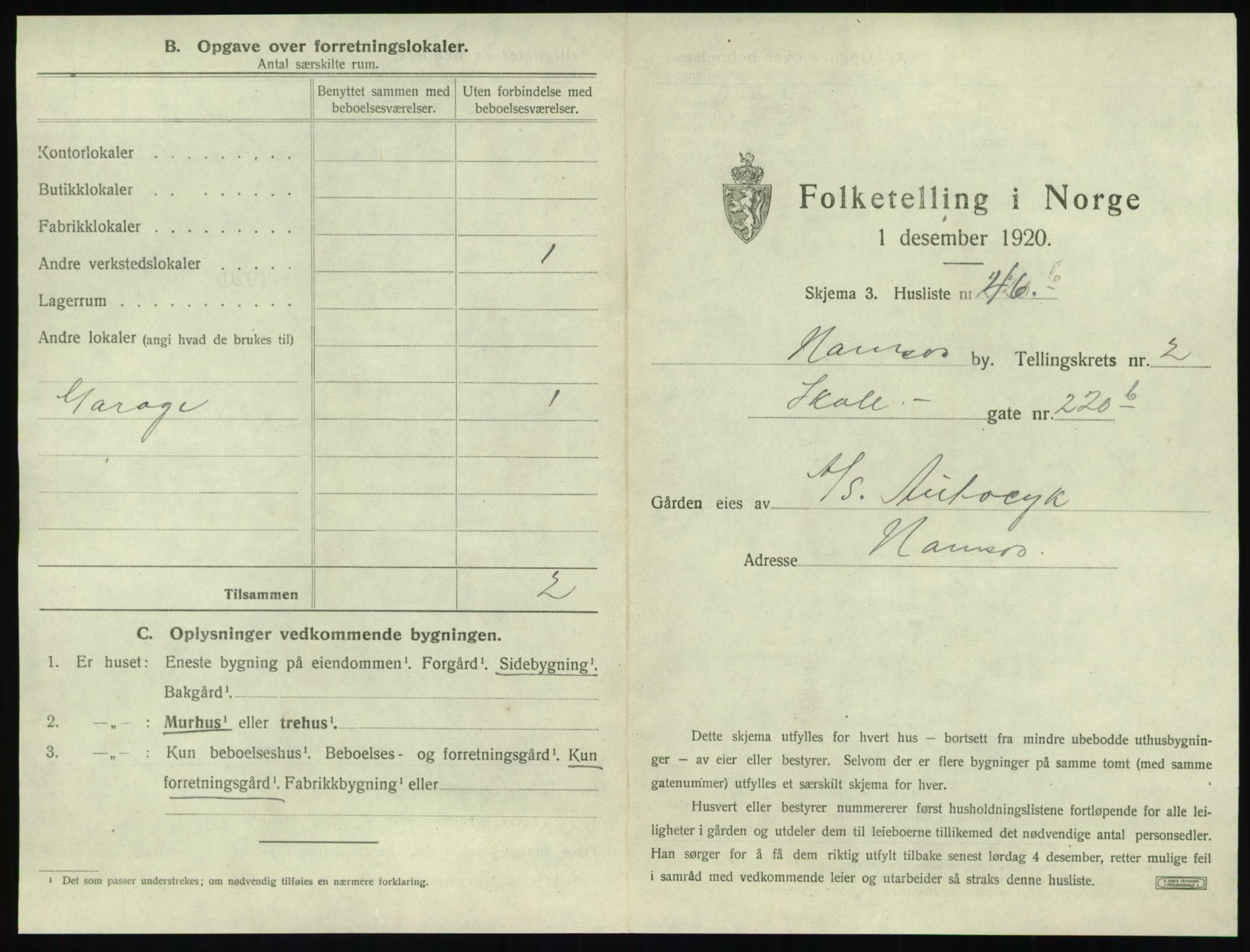 SAT, 1920 census for Namsos, 1920, p. 255