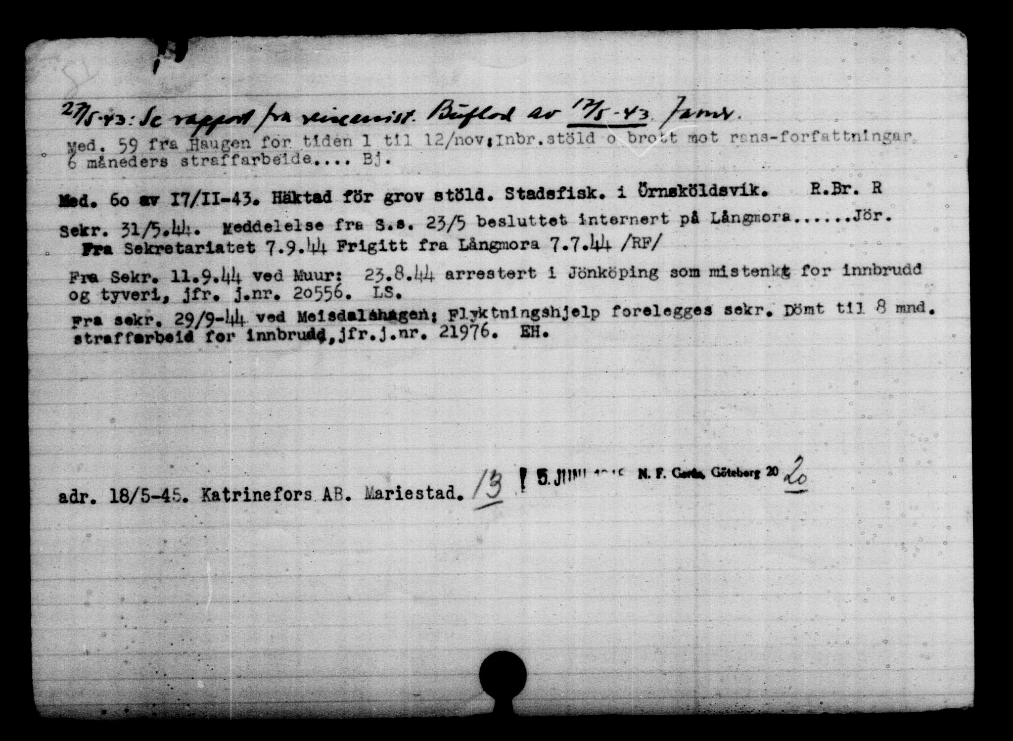 Utenriksstasjonene, Legasjonen i Stockholm, Flyktningkontoret, AV/RA-S-6753/V/Va/L0004: Kjesäterkartoteket, flyktninger med registreringsnr. 3496-6610, 1940-1945, p. 3203
