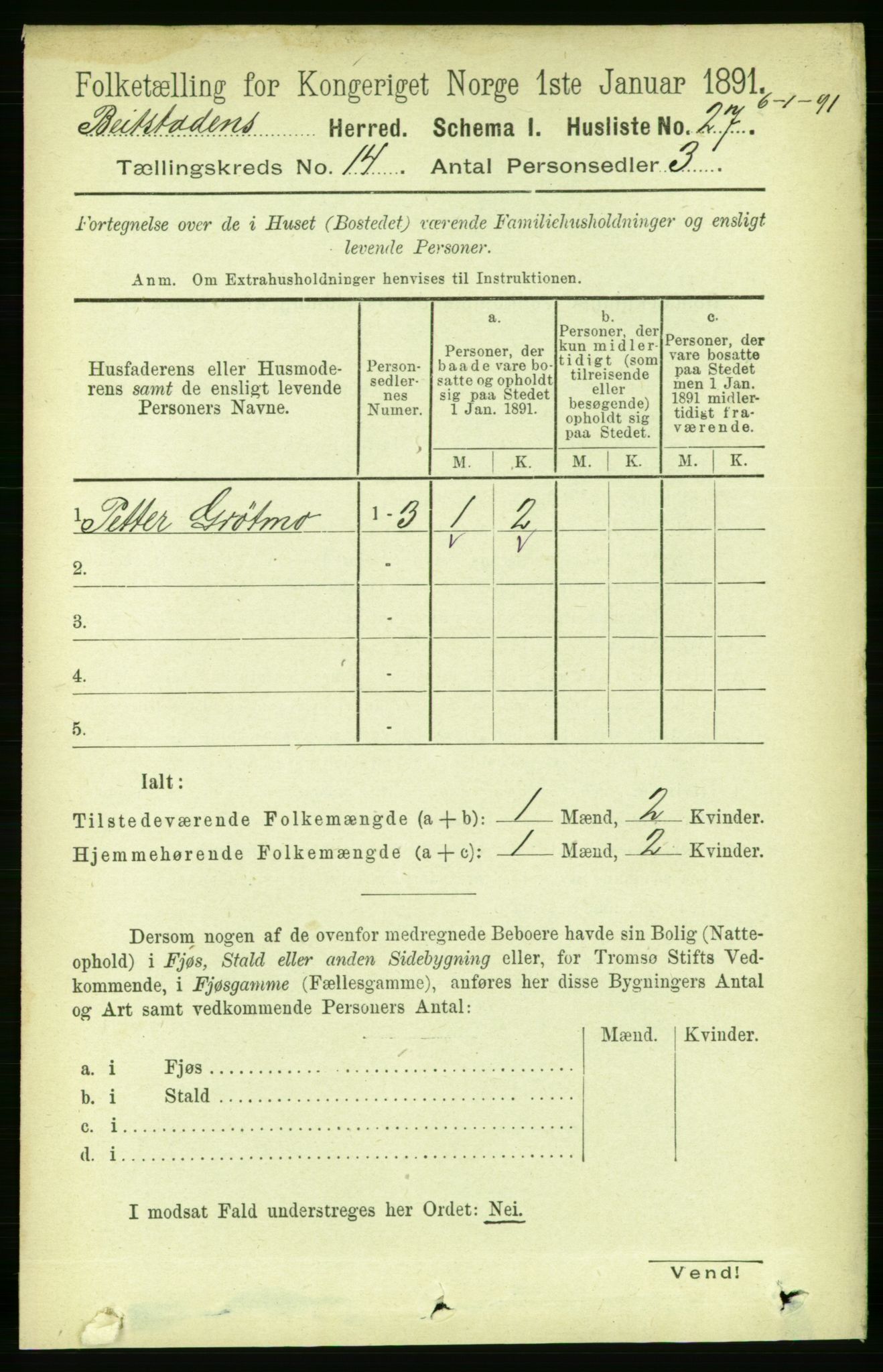 RA, 1891 census for 1727 Beitstad, 1891, p. 3847