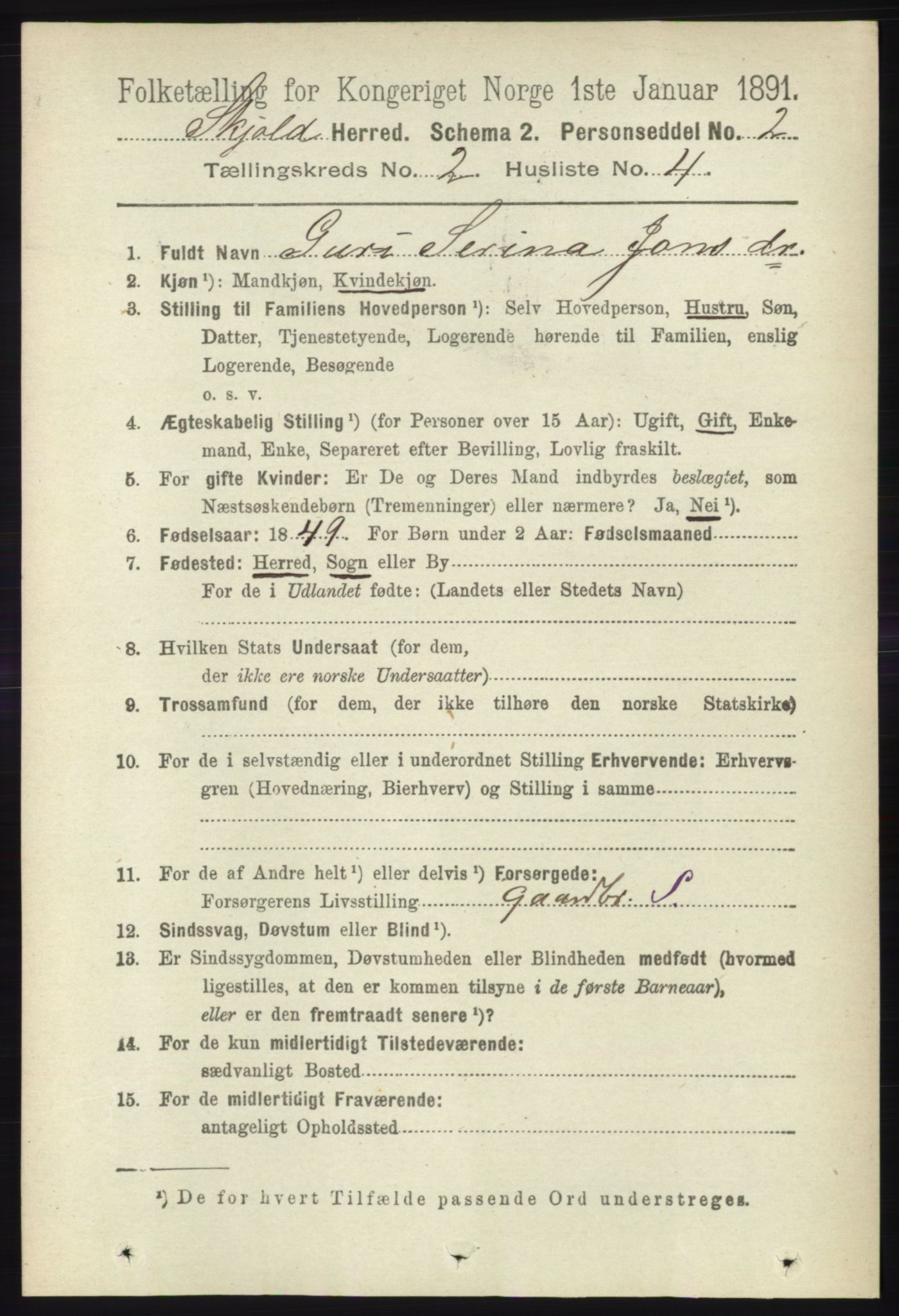 RA, 1891 census for 1154 Skjold, 1891, p. 300