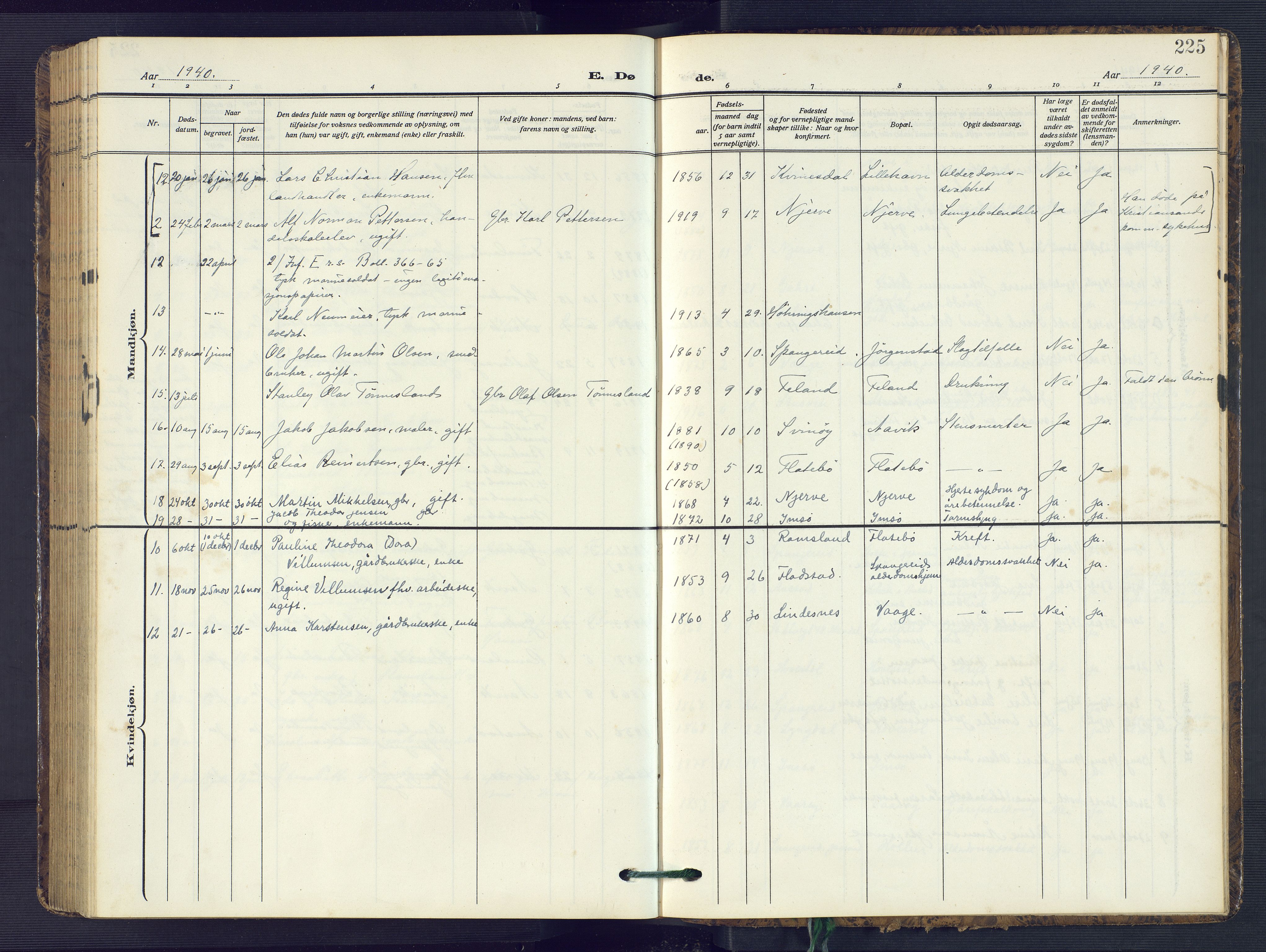 Sør-Audnedal sokneprestkontor, AV/SAK-1111-0039/F/Fb/Fba/L0005: Parish register (copy) no. B 5, 1908-1963, p. 225