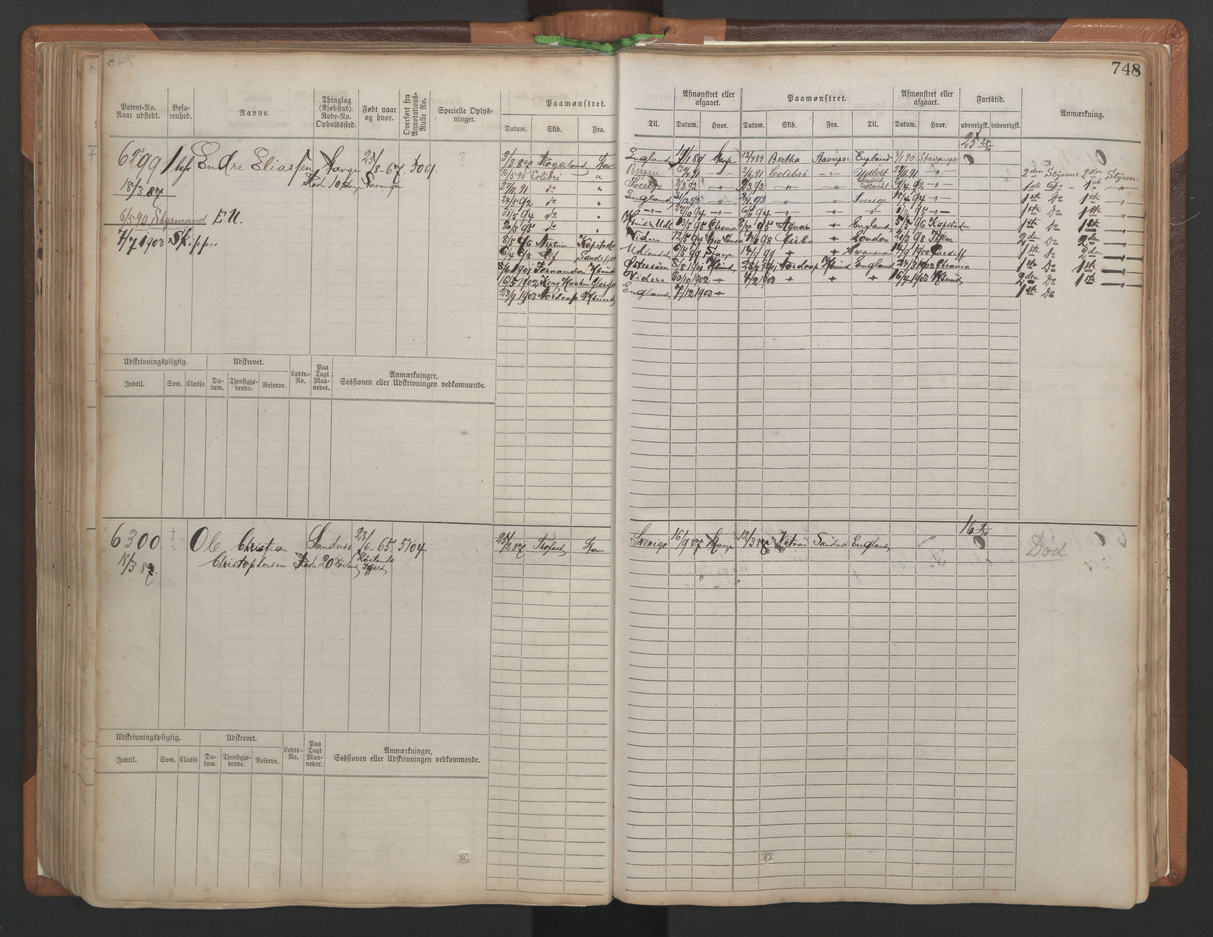 Stavanger sjømannskontor, AV/SAST-A-102006/F/Fb/Fbb/L0010: Sjøfartshovedrulle, patentnr. 6007-6606 (del 1), 1887-1896, p. 152