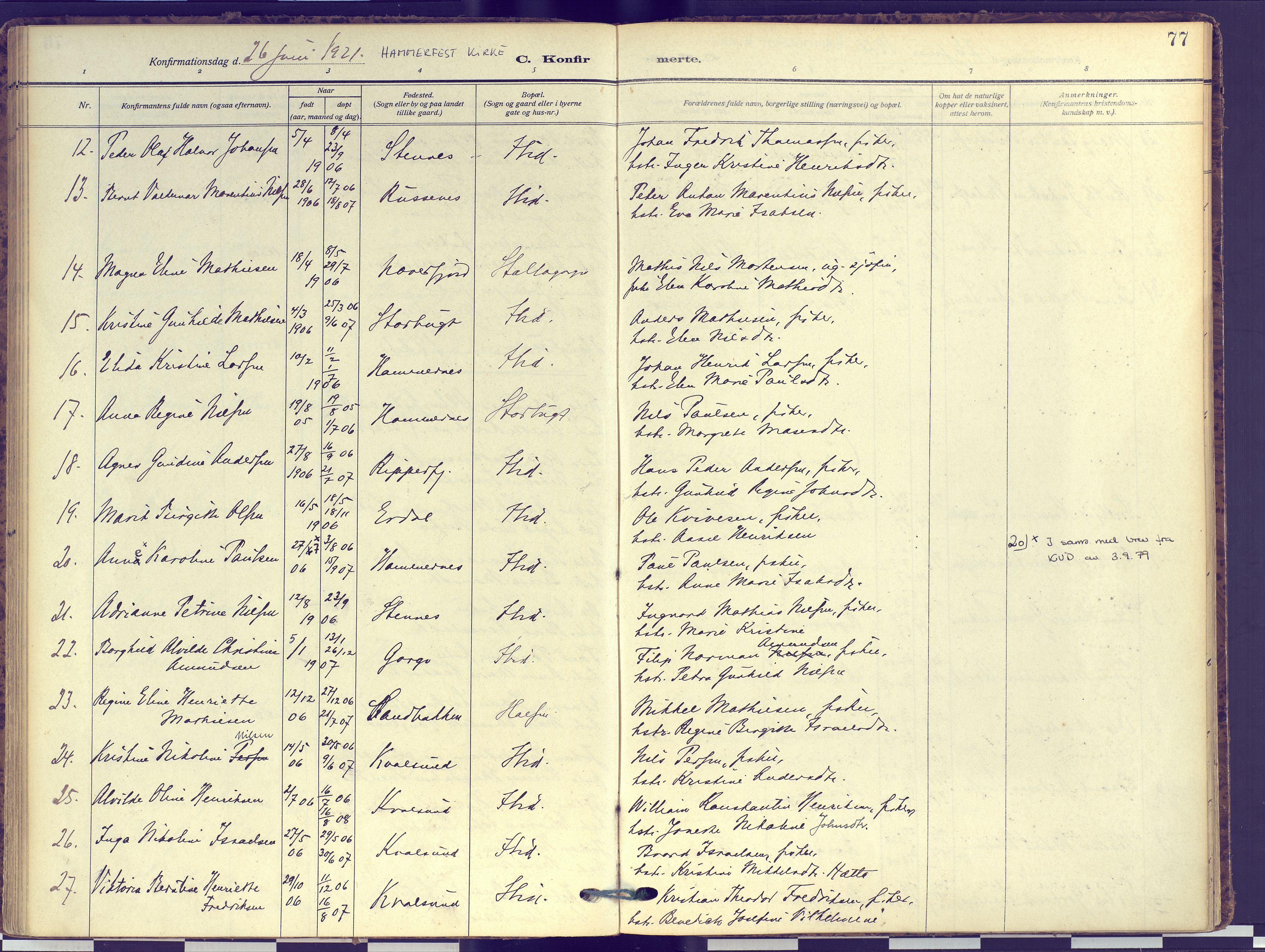 Hammerfest sokneprestkontor, SATØ/S-1347: Parish register (official) no. 16, 1908-1923, p. 77