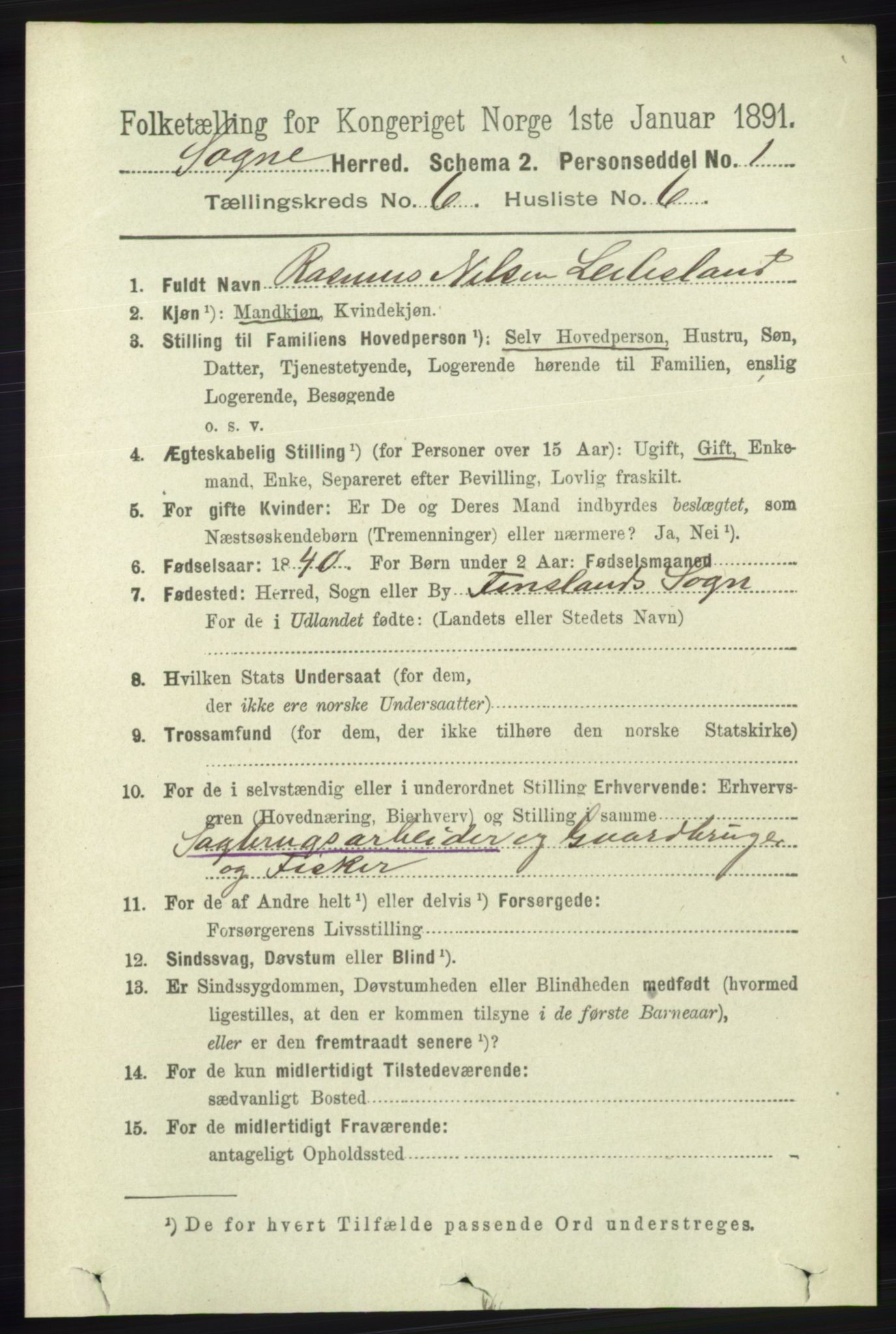 RA, 1891 census for 1018 Søgne, 1891, p. 1397