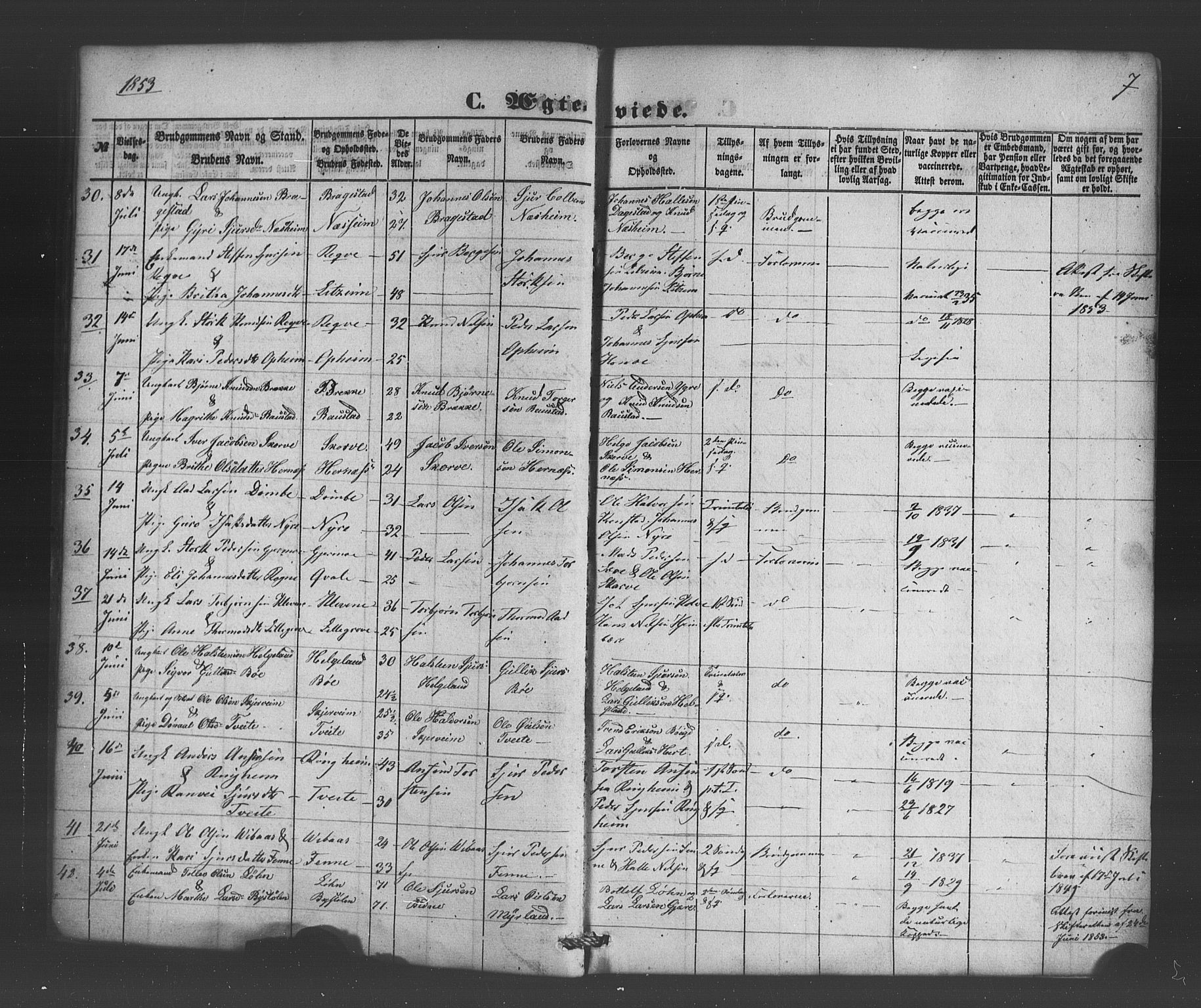 Voss sokneprestembete, AV/SAB-A-79001/H/Haa: Parish register (official) no. A 19, 1851-1886, p. 7