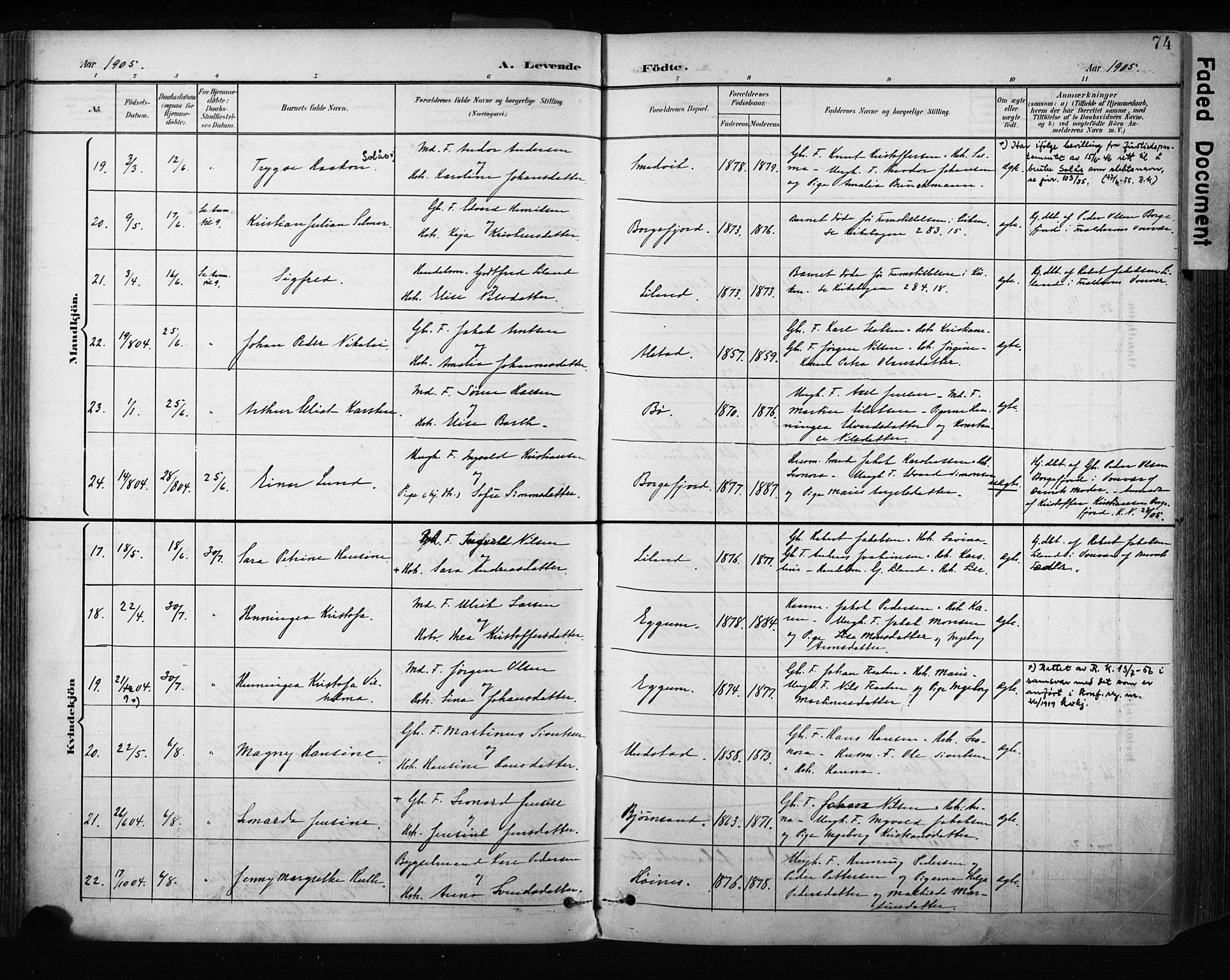 Ministerialprotokoller, klokkerbøker og fødselsregistre - Nordland, AV/SAT-A-1459/880/L1134: Parish register (official) no. 880A08, 1899-1908, p. 74