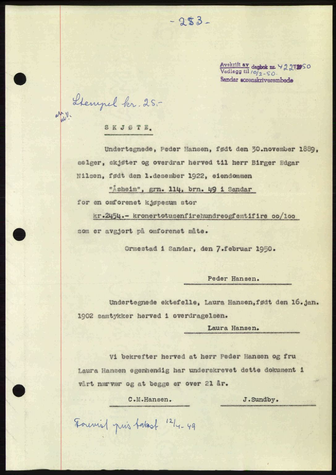 Sandar sorenskriveri, SAKO/A-86/G/Ga/Gaa/L0020: Mortgage book no. A-20, 1949-1950, Diary no: : 422/1950