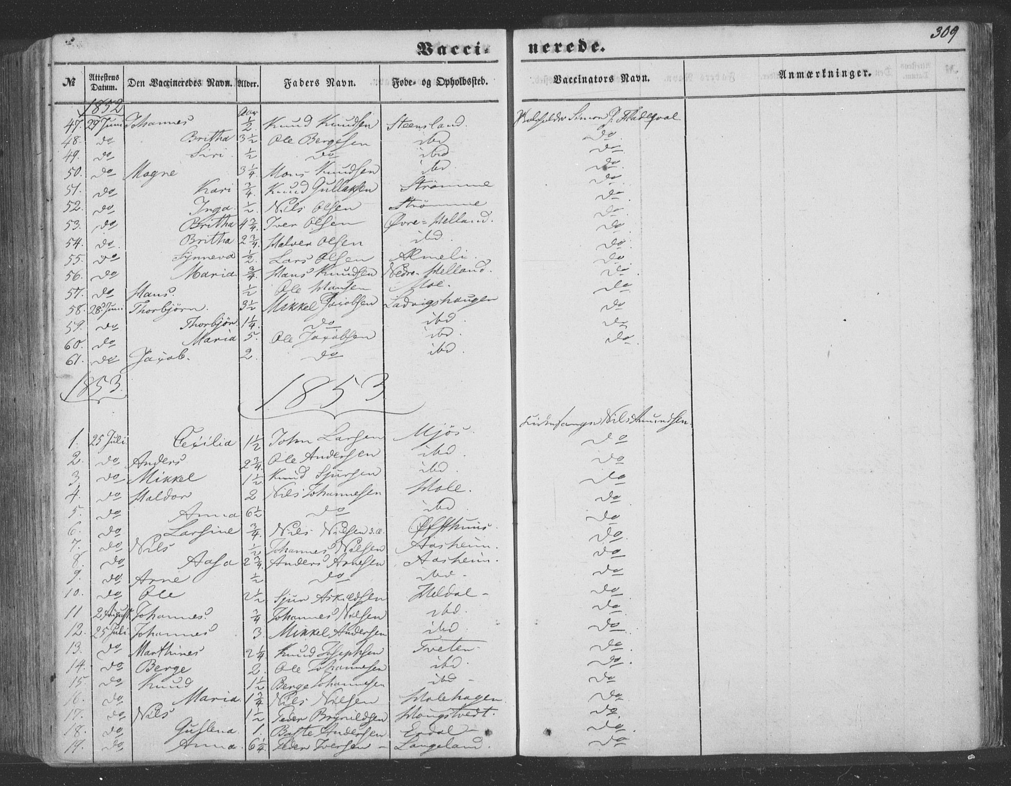 Hosanger sokneprestembete, SAB/A-75801/H/Haa: Parish register (official) no. A 8, 1849-1863, p. 309