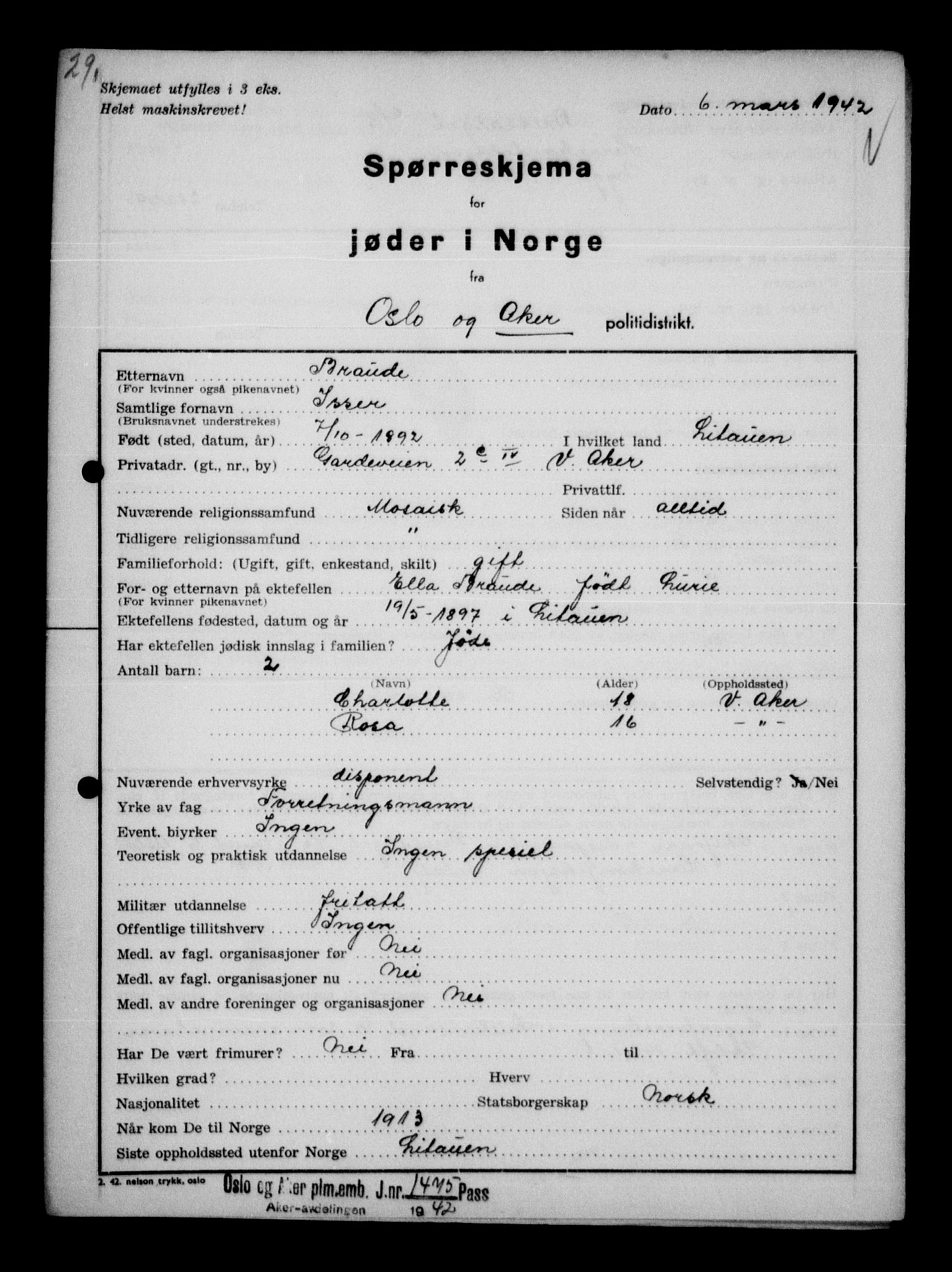 Statspolitiet - Hovedkontoret / Osloavdelingen, AV/RA-S-1329/G/Ga/L0011: Spørreskjema for jøder i Norge. 1: Oslo 610-806 (Plavnik-Zwillinger). 2: Aker 1-113 (Adler-Lewin). , 1942, p. 672