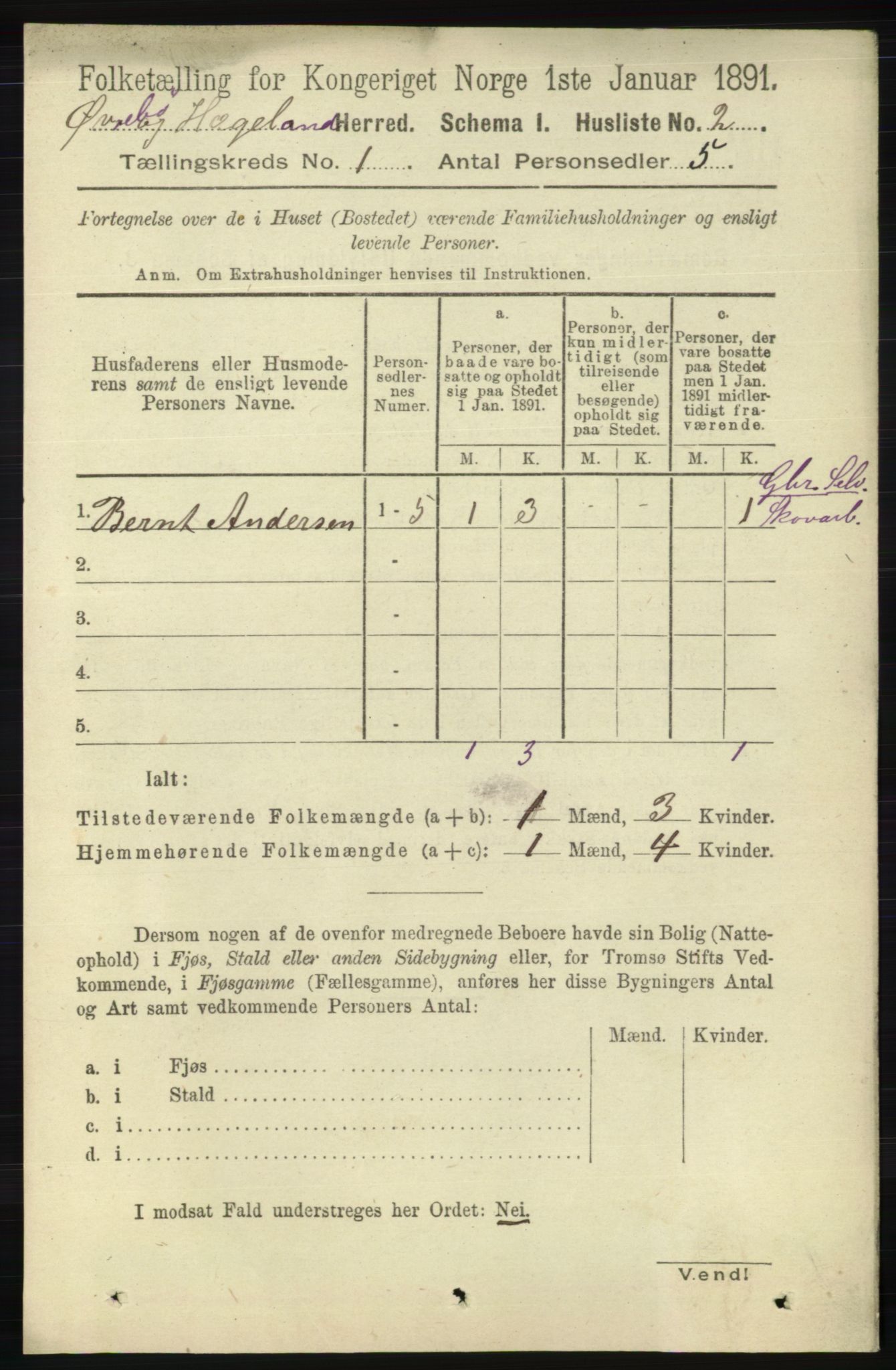 RA, 1891 census for 1016 Øvrebø og Hægeland, 1891, p. 29