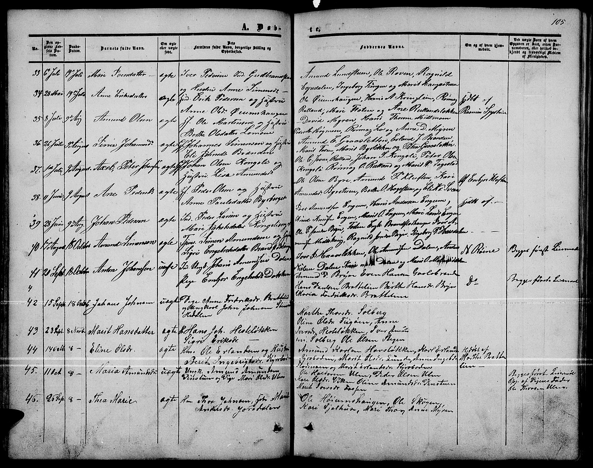 Nord-Fron prestekontor, SAH/PREST-080/H/Ha/Hab/L0001: Parish register (copy) no. 1, 1851-1883, p. 105