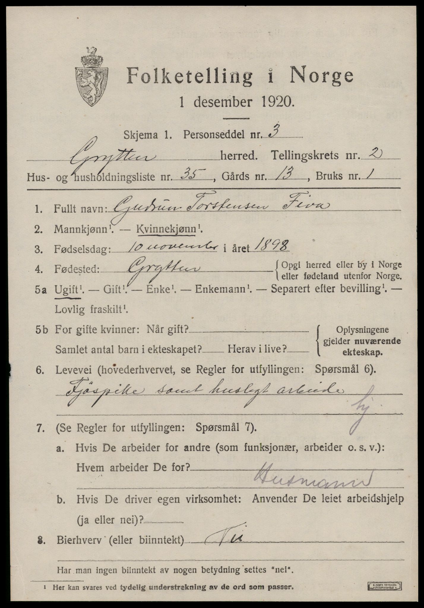 SAT, 1920 census for Grytten, 1920, p. 2222