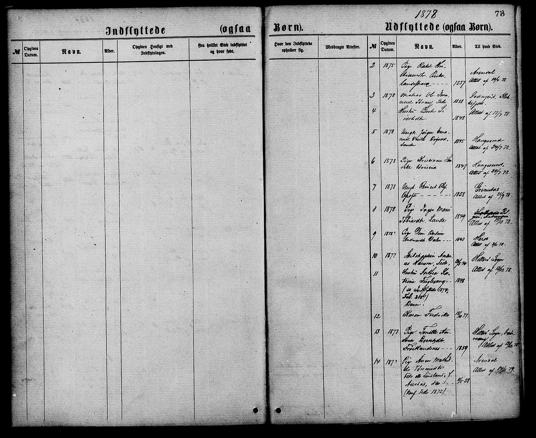 Kvinesdal sokneprestkontor, SAK/1111-0026/F/Fa/Faa/L0003: Parish register (official) no. A 3, 1877-1882, p. 73