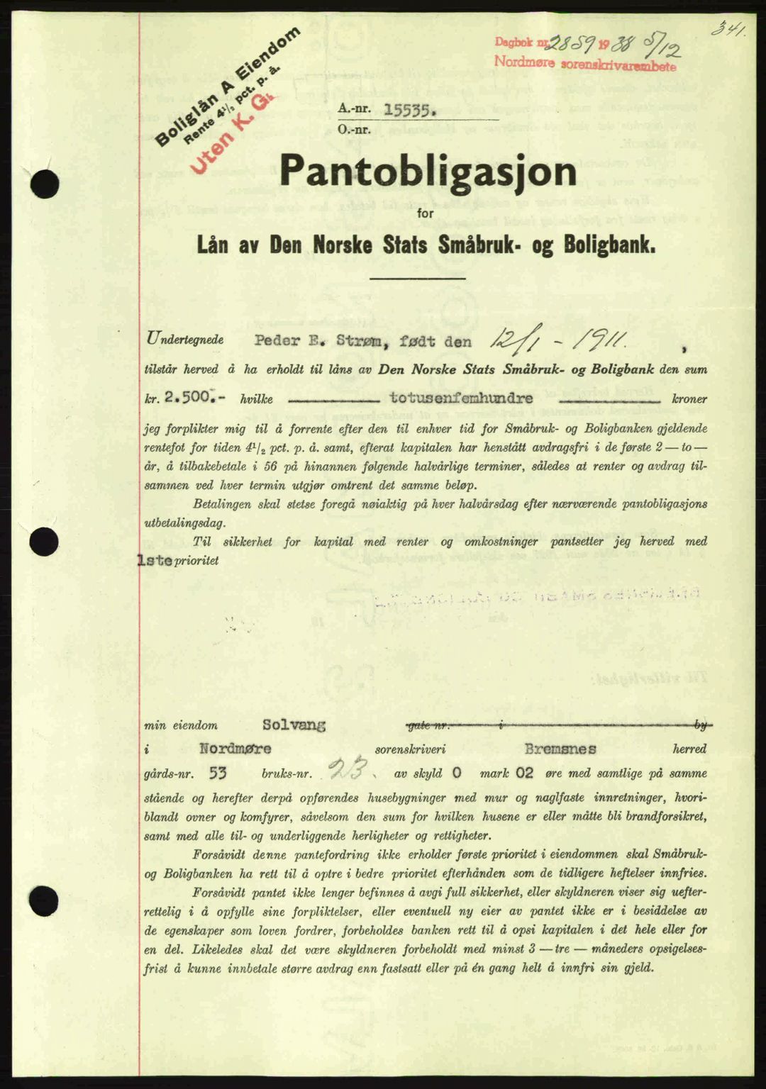 Nordmøre sorenskriveri, SAT/A-4132/1/2/2Ca: Mortgage book no. B84, 1938-1939, Diary no: : 2859/1938