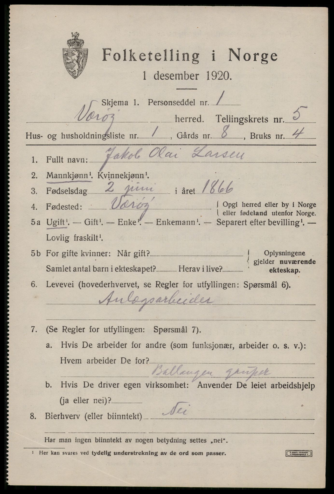 SAT, 1920 census for Værøy, 1920, p. 3125